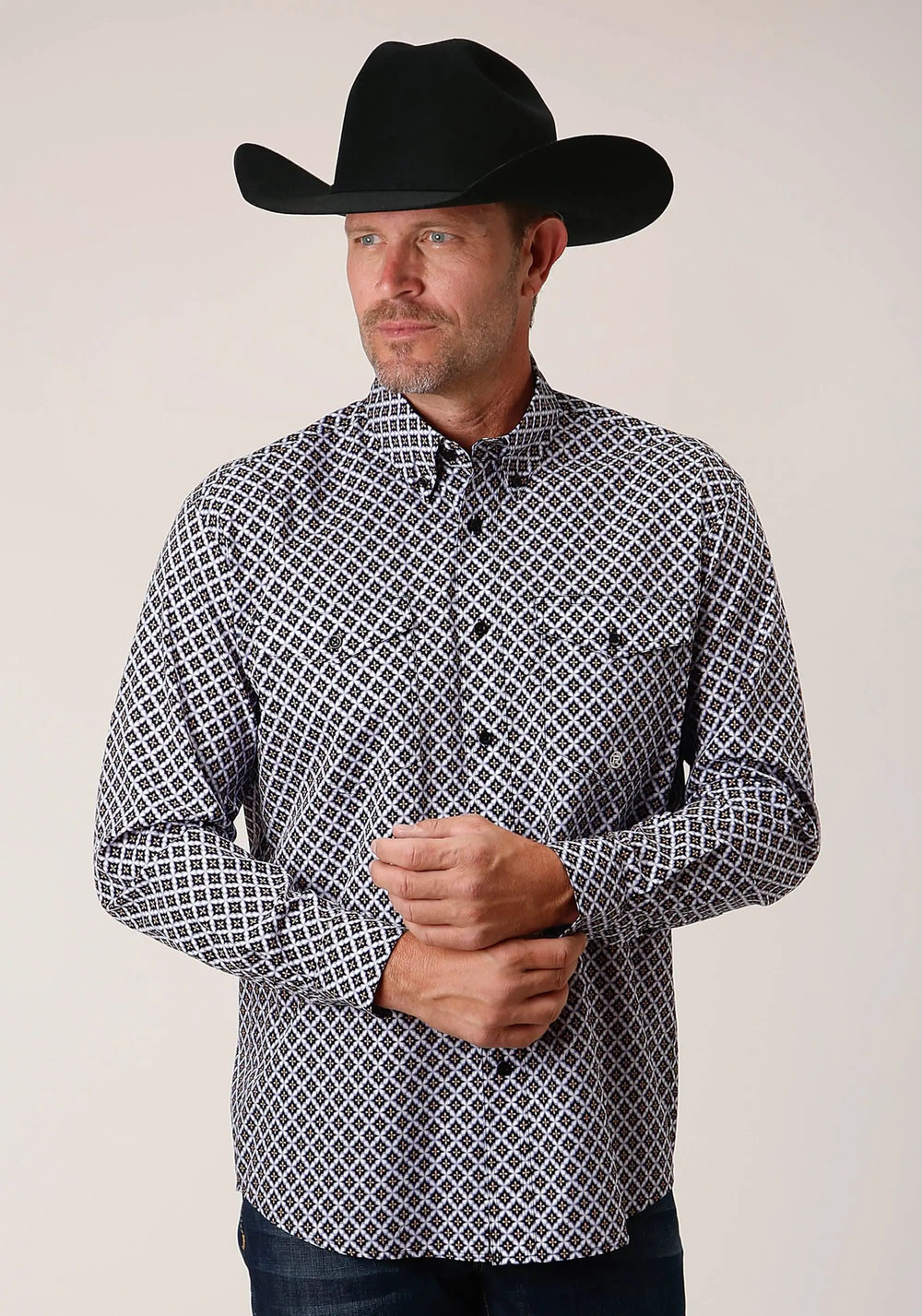 Roper Mens Long Sleeve Button Tile Pattern Foulard Western Shirt - Roper