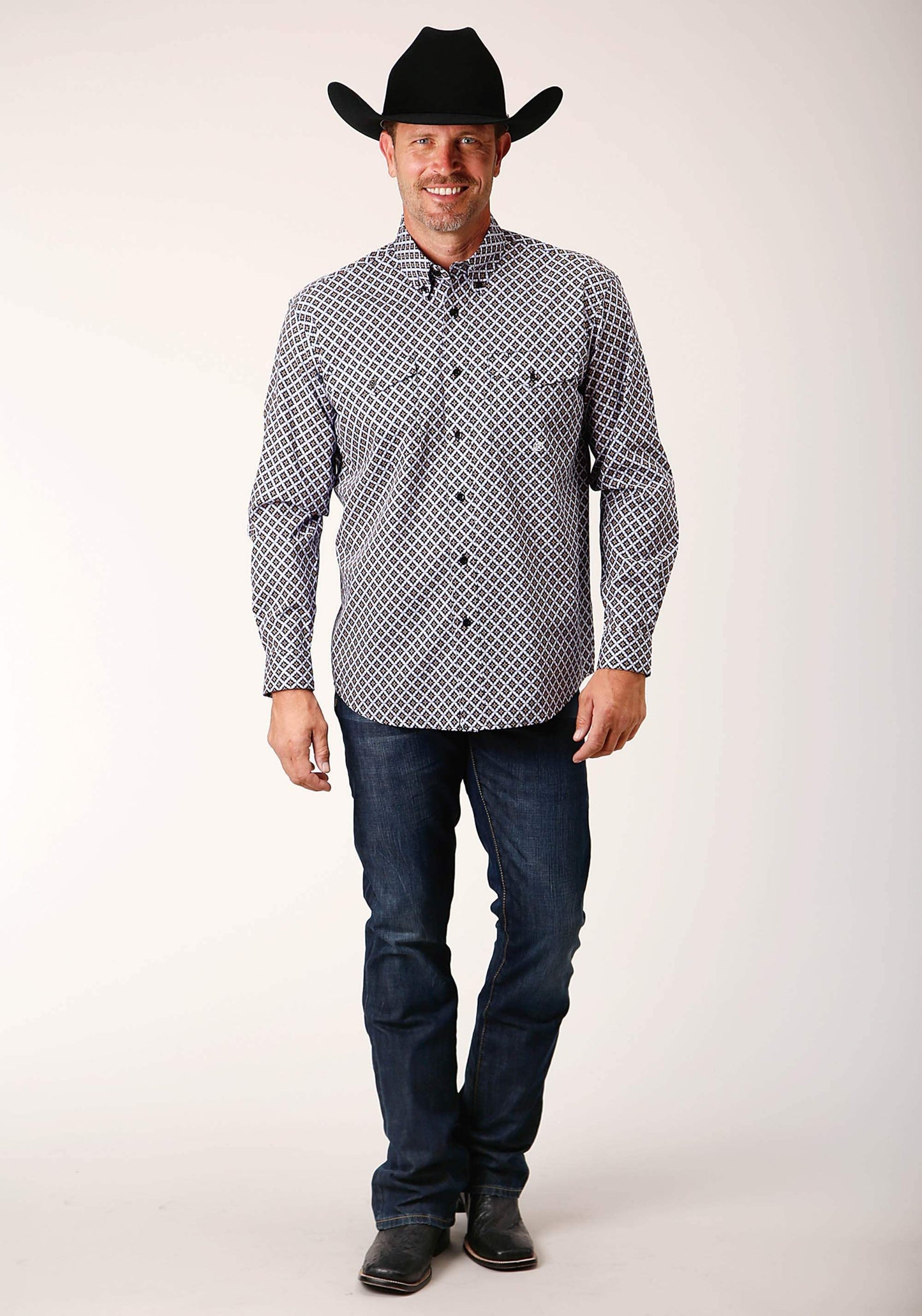 Roper Mens Long Sleeve Button Tile Pattern Foulard Western Shirt - Roper - Flyclothing LLC