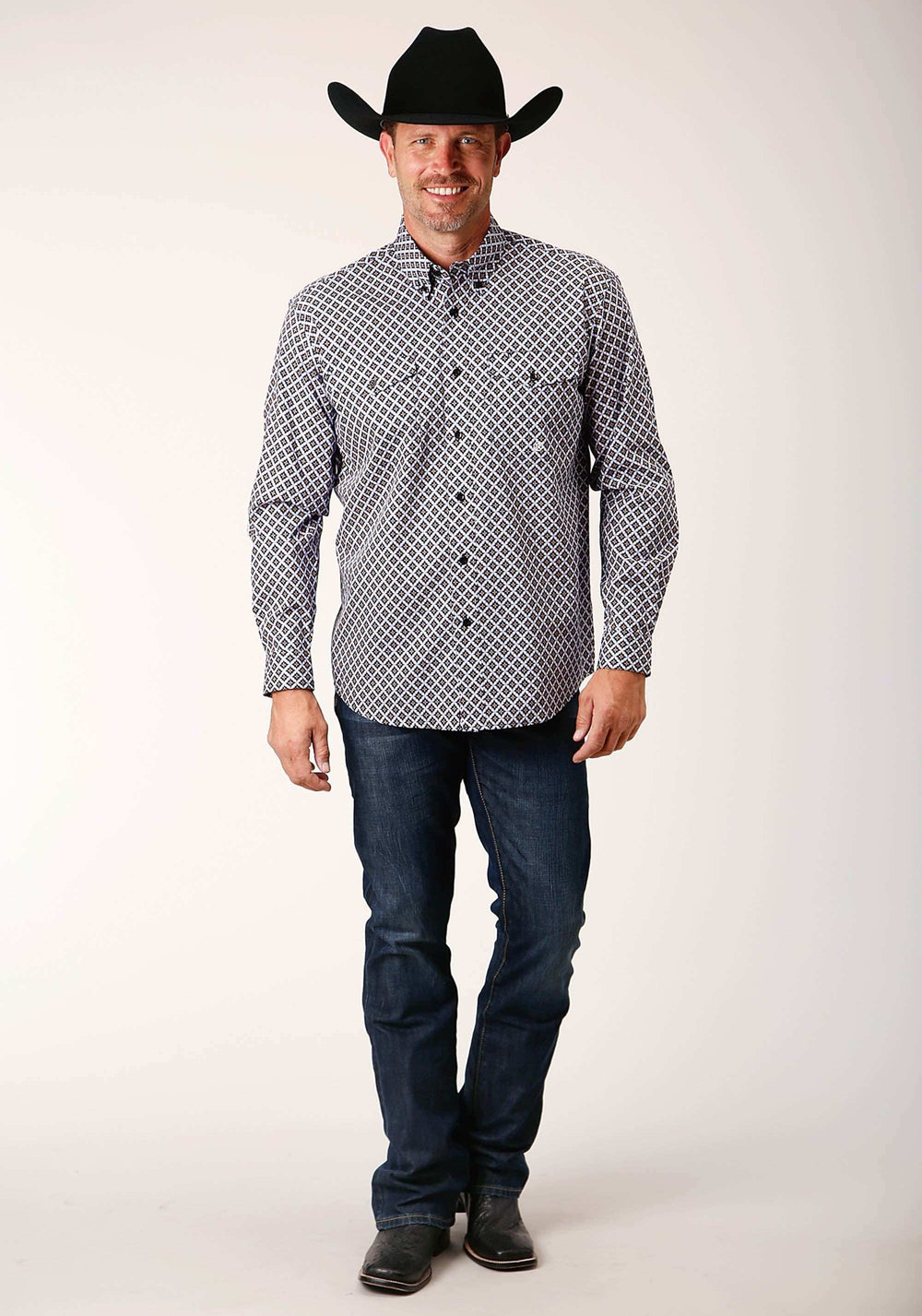 Roper Mens Long Sleeve Button Tile Pattern Foulard Western Shirt - Roper - Flyclothing LLC