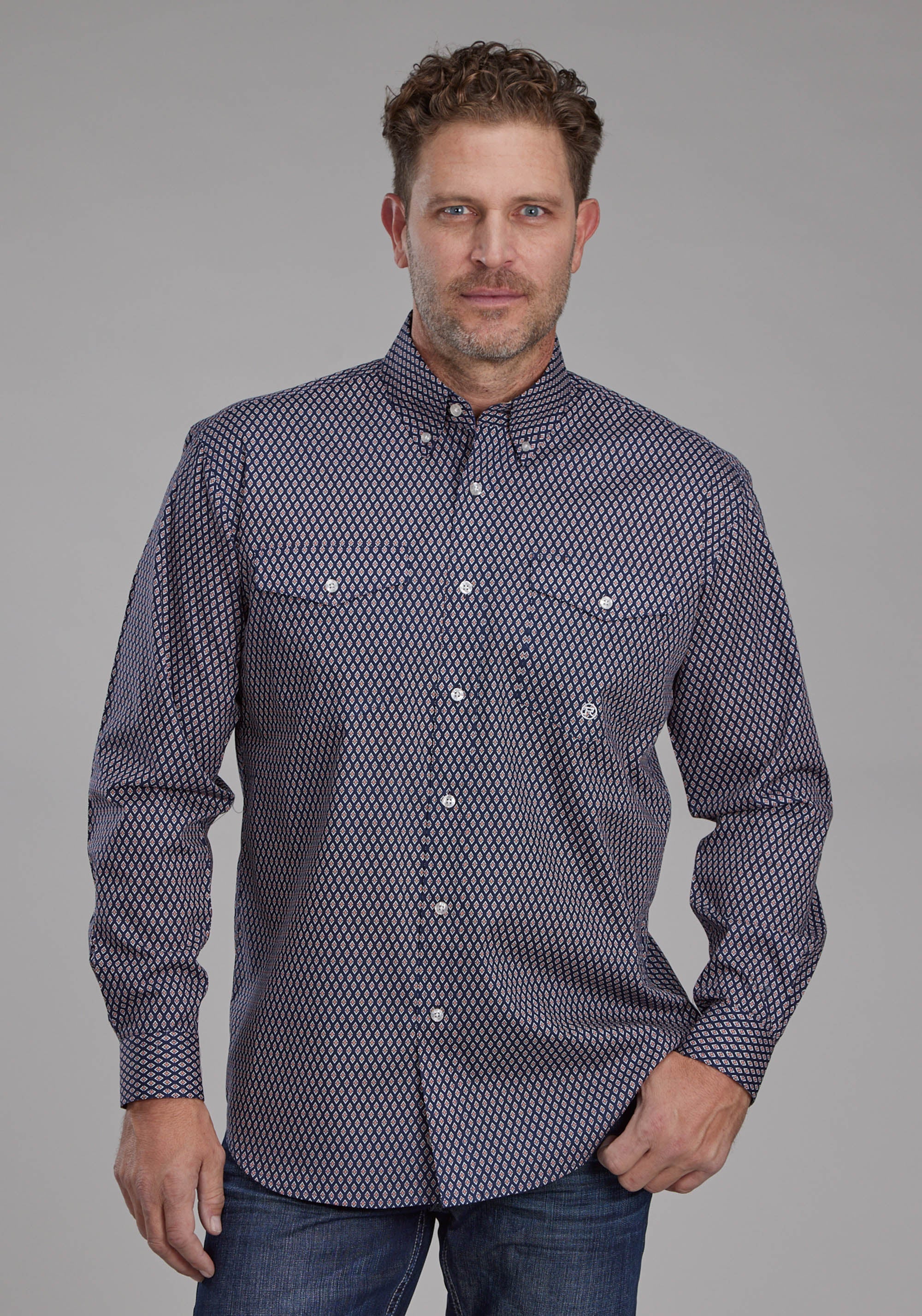 Roper Mens Diamond Eye Geo Long Sleeve Button Western Shirt