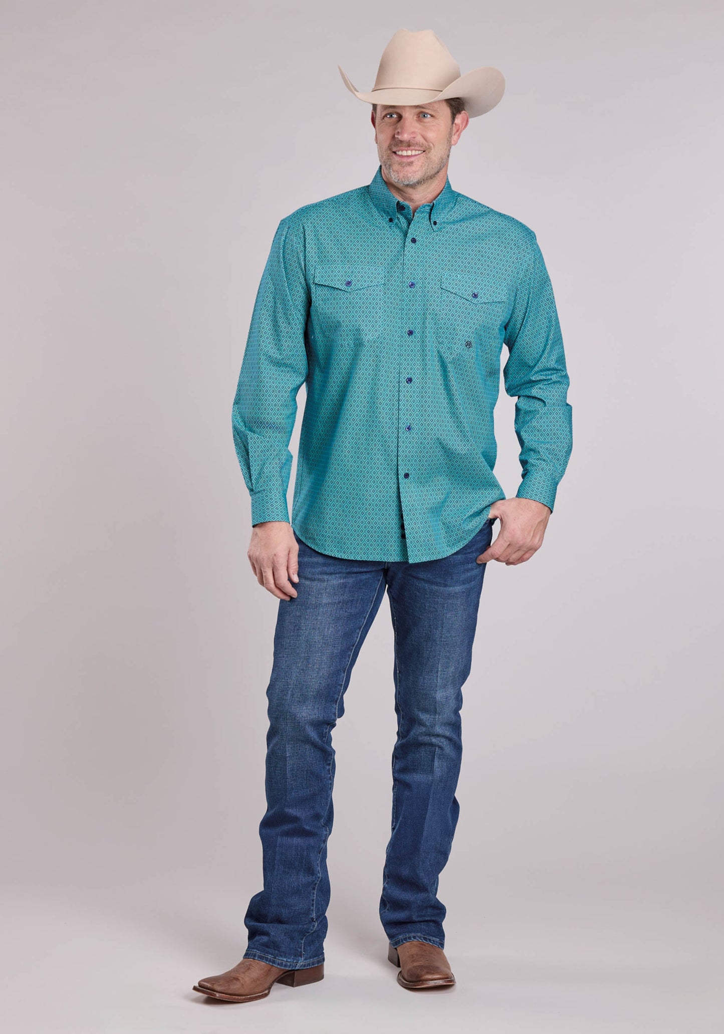 Roper Mens Long Sleeve Button Aztec Diamond Geo Western Shirt