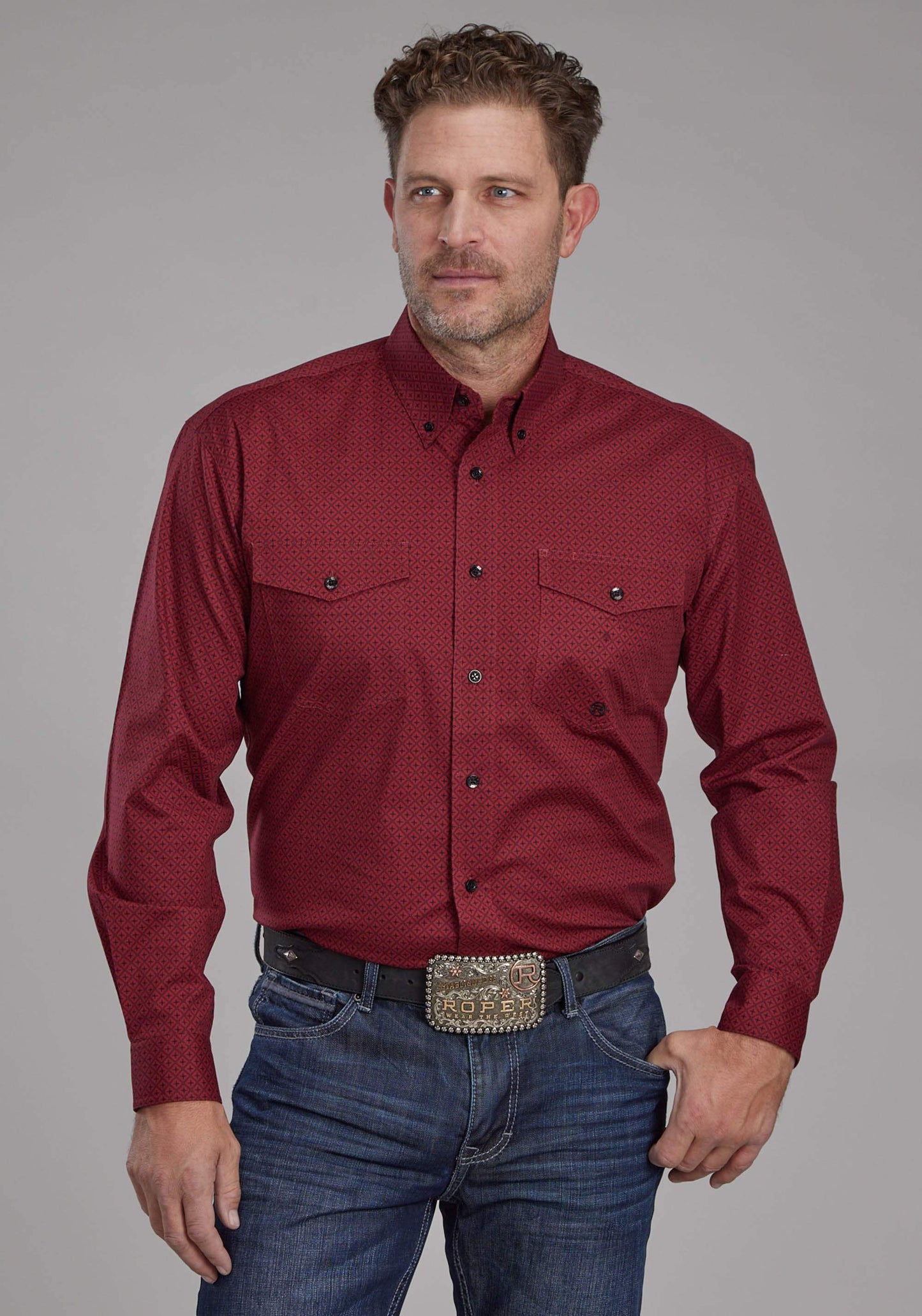 Roper Mens Diamond Print Stretch Poplin - Red Long Sleeve Button Western Shirt - Roper - Flyclothing LLC