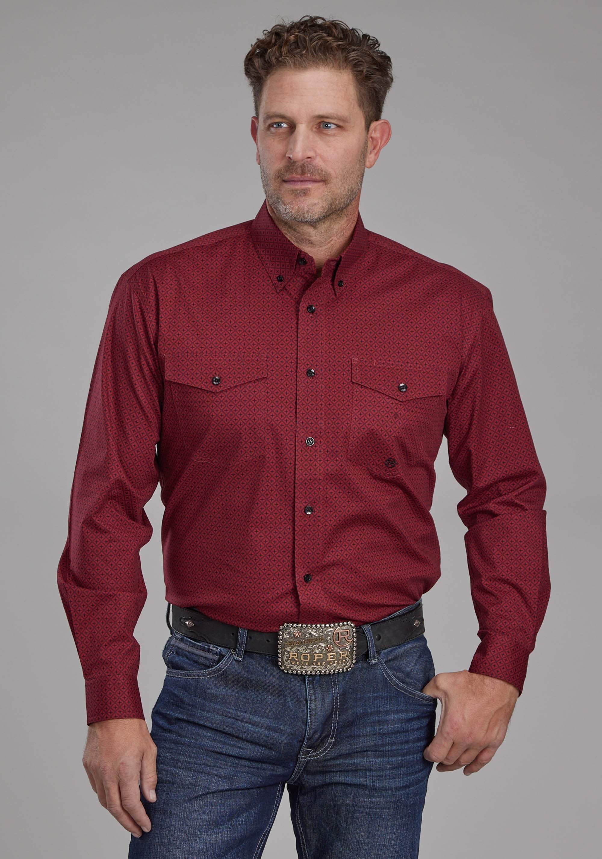 Roper Mens Diamond Print Stretch Poplin - Red Long Sleeve Button Western Shirt - Roper - Flyclothing LLC