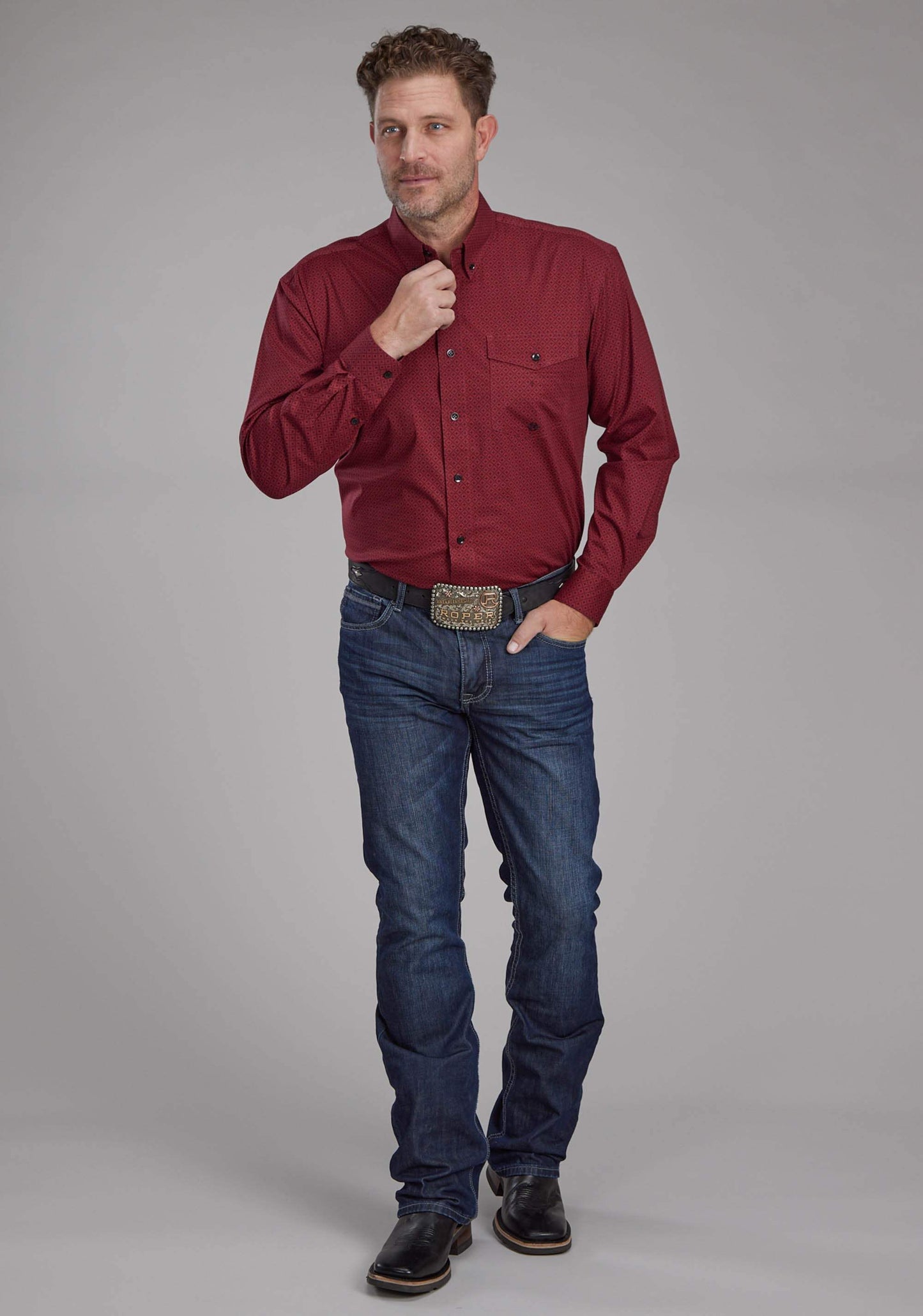 Roper Mens Diamond Print Stretch Poplin - Red Long Sleeve Button Western Shirt - Roper - Flyclothing LLC