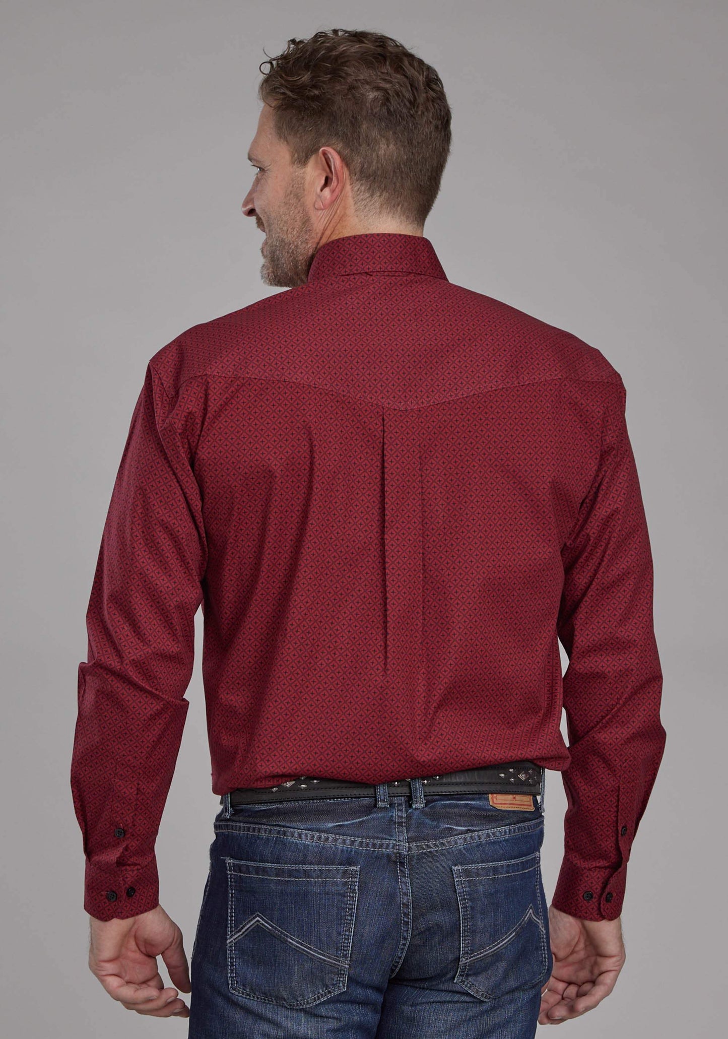 Roper Mens Diamond Print Stretch Poplin - Red Long Sleeve Button Western Shirt - Roper - Flyclothing LLC