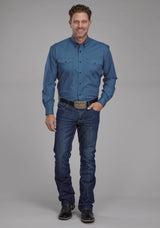 Roper Mens Diamond Print Stretch Poplin - Blue Long Sleeve Button Western Shirt