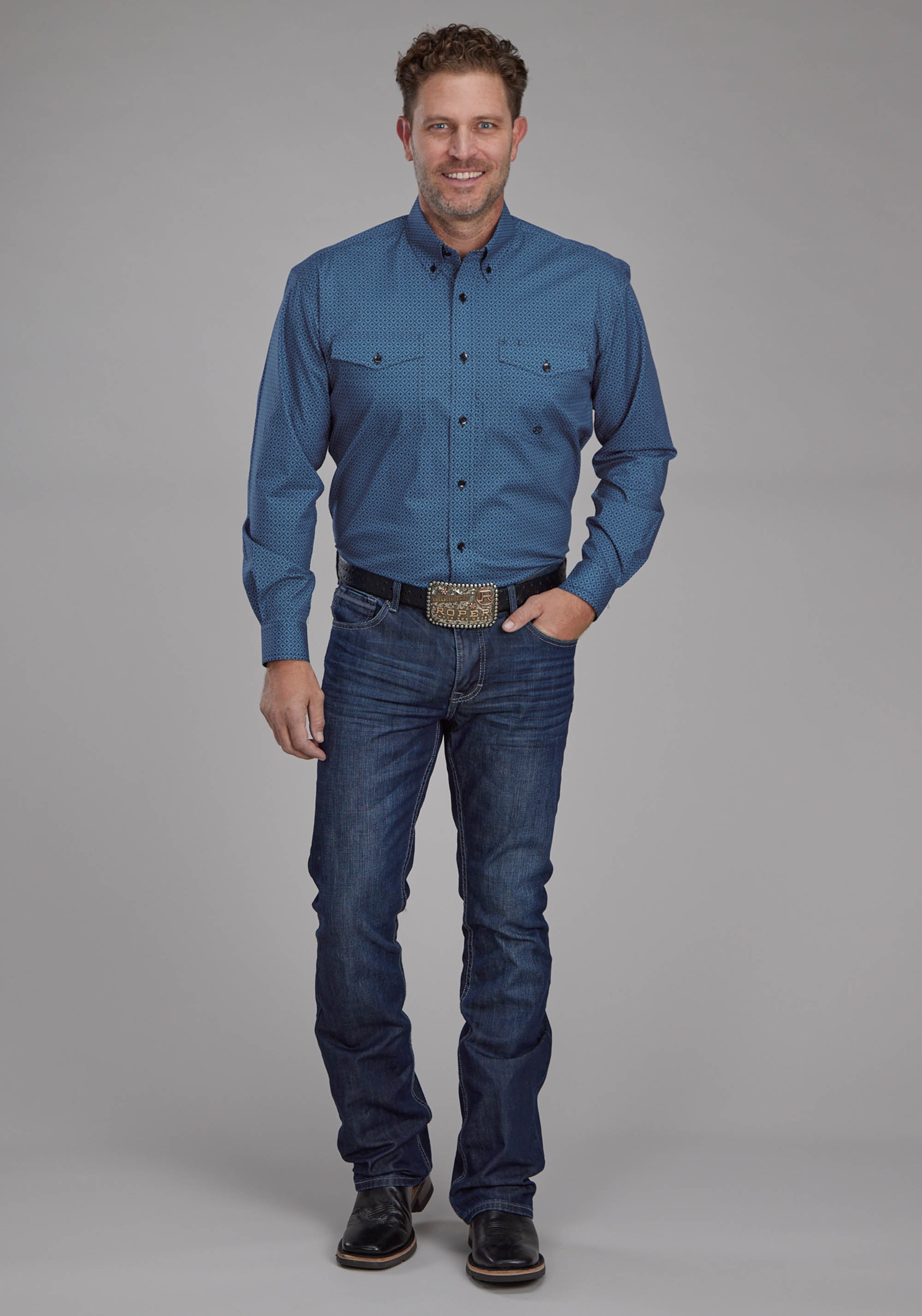 Roper Mens Diamond Print Stretch Poplin - Blue Long Sleeve Button Western Shirt