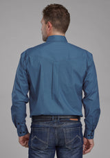 Roper Mens Diamond Print Stretch Poplin - Blue Long Sleeve Button Western Shirt