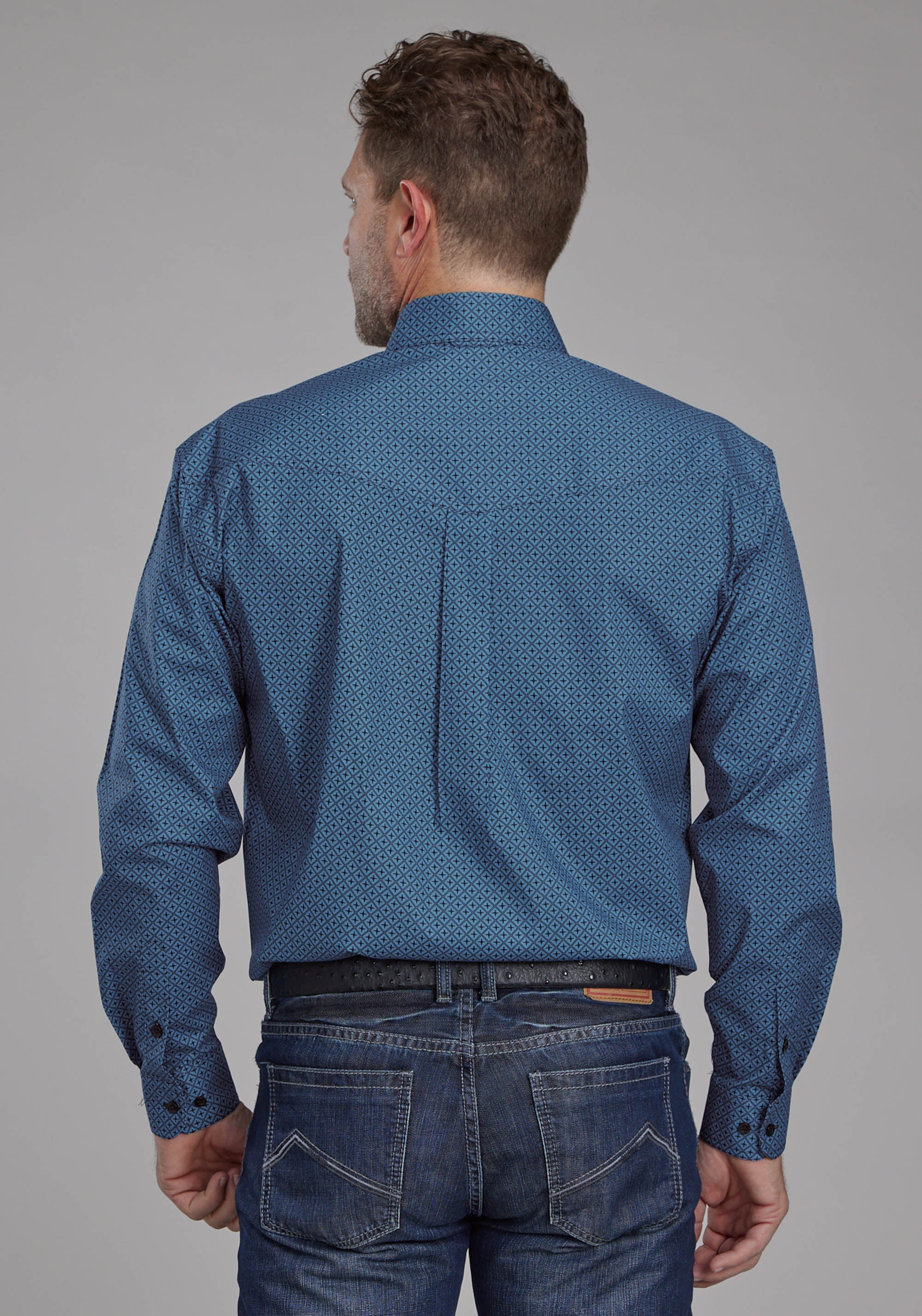 Roper Mens Diamond Print Stretch Poplin - Blue Long Sleeve Button Western Shirt