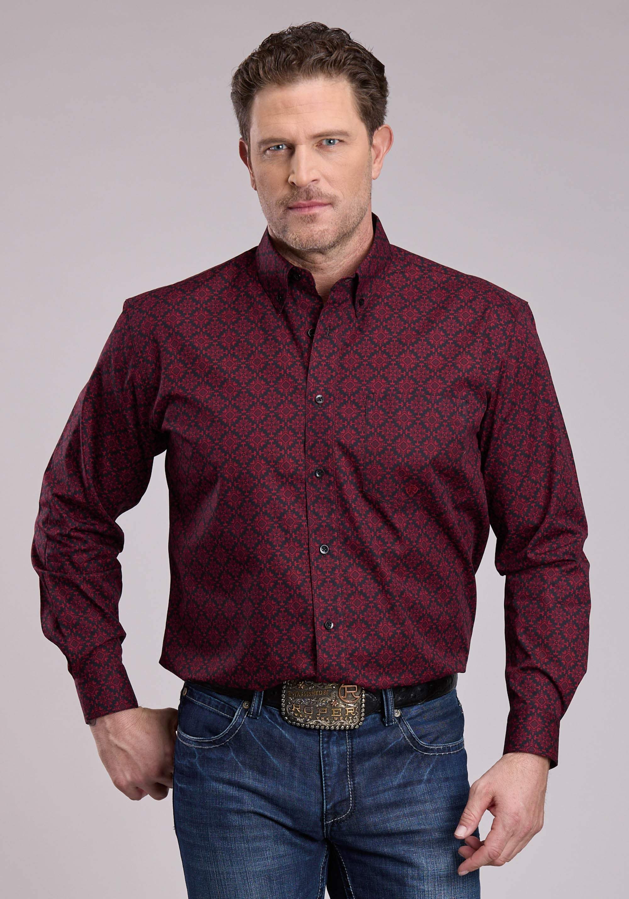 Roper Mens Long Sleeve Button Garnet Medallion Western Shirt - Roper - Flyclothing LLC