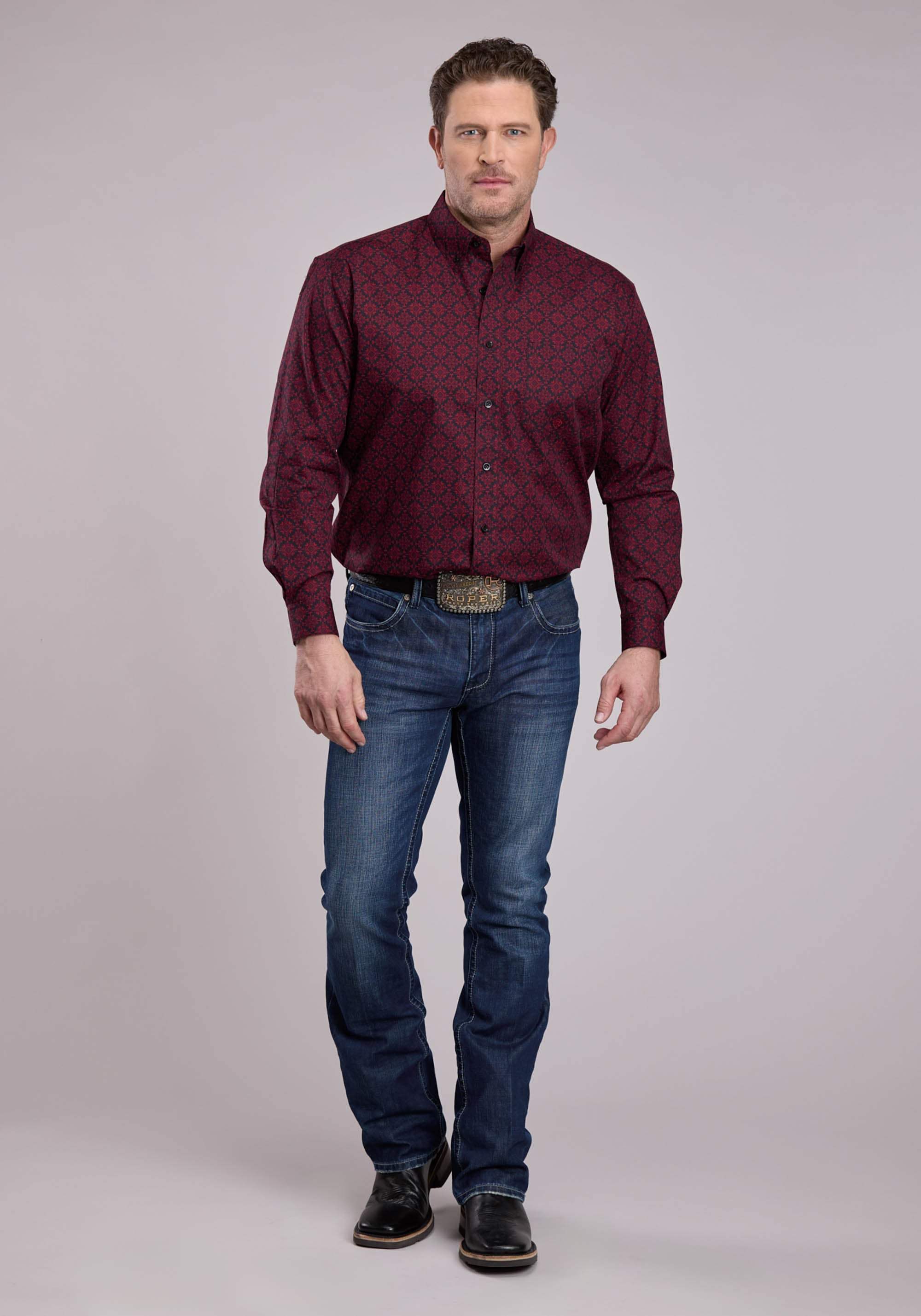 Roper Mens Long Sleeve Button Garnet Medallion Western Shirt - Roper - Flyclothing LLC