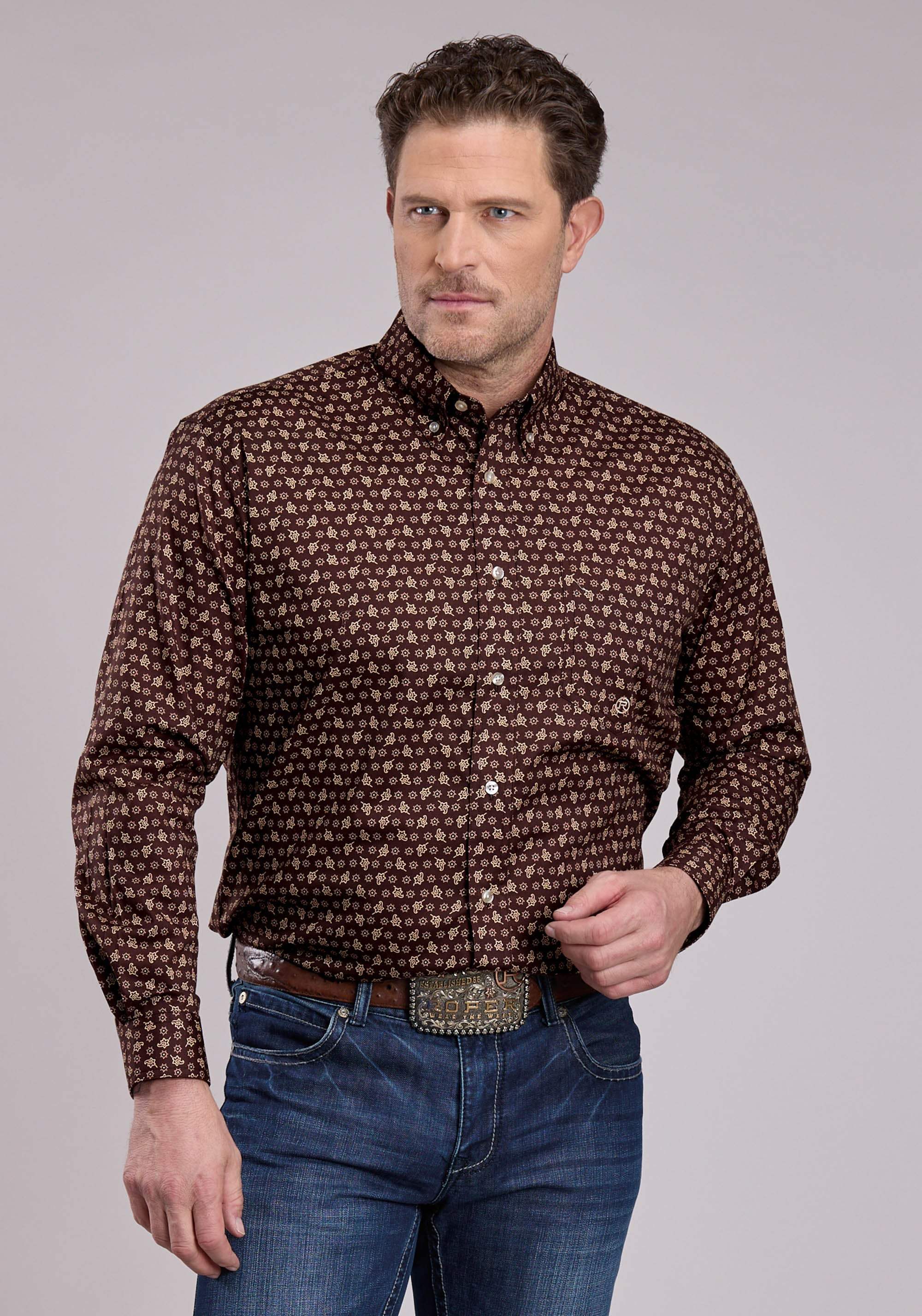 Roper Mens Long Sleeve Button Stretch Poplin Paisley - Brown Western Shirt - Roper - Flyclothing LLC