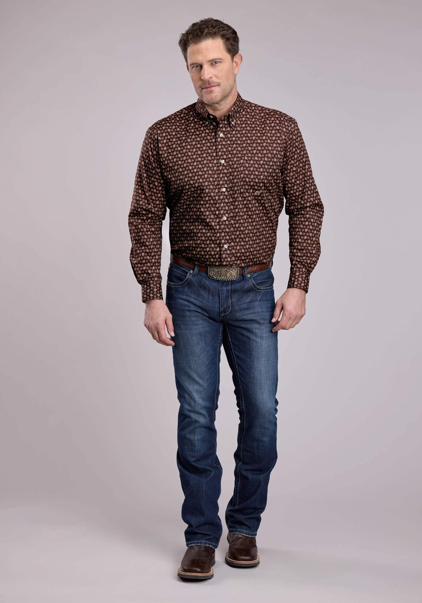 Roper Mens Long Sleeve Button Stretch Poplin Paisley - Brown Western Shirt - Roper - Flyclothing LLC