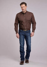 Roper Mens Long Sleeve Button Stretch Poplin Paisley - Brown Western Shirt - Roper - Flyclothing LLC