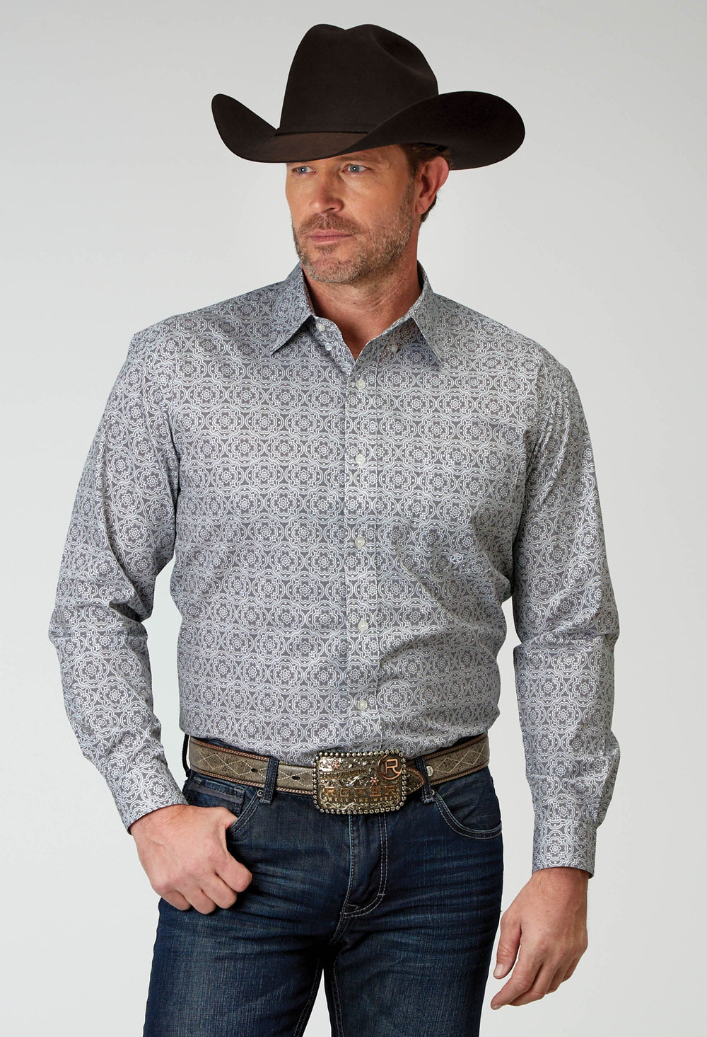 Roper Mens Long Sleeve Button Silver Medallion Western Shirt - Roper