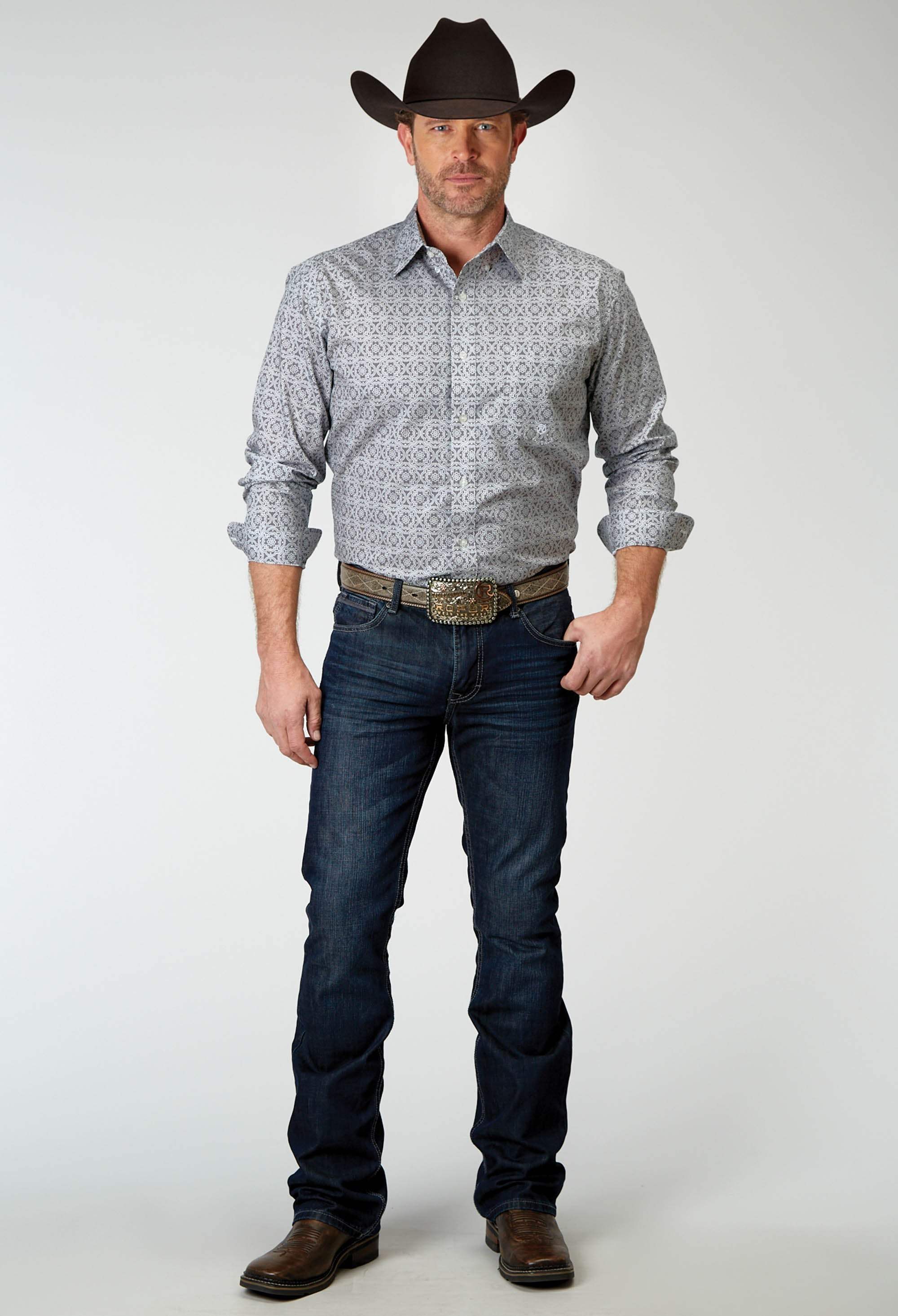 Roper Mens Long Sleeve Button Silver Medallion Western Shirt - Roper - Flyclothing LLC