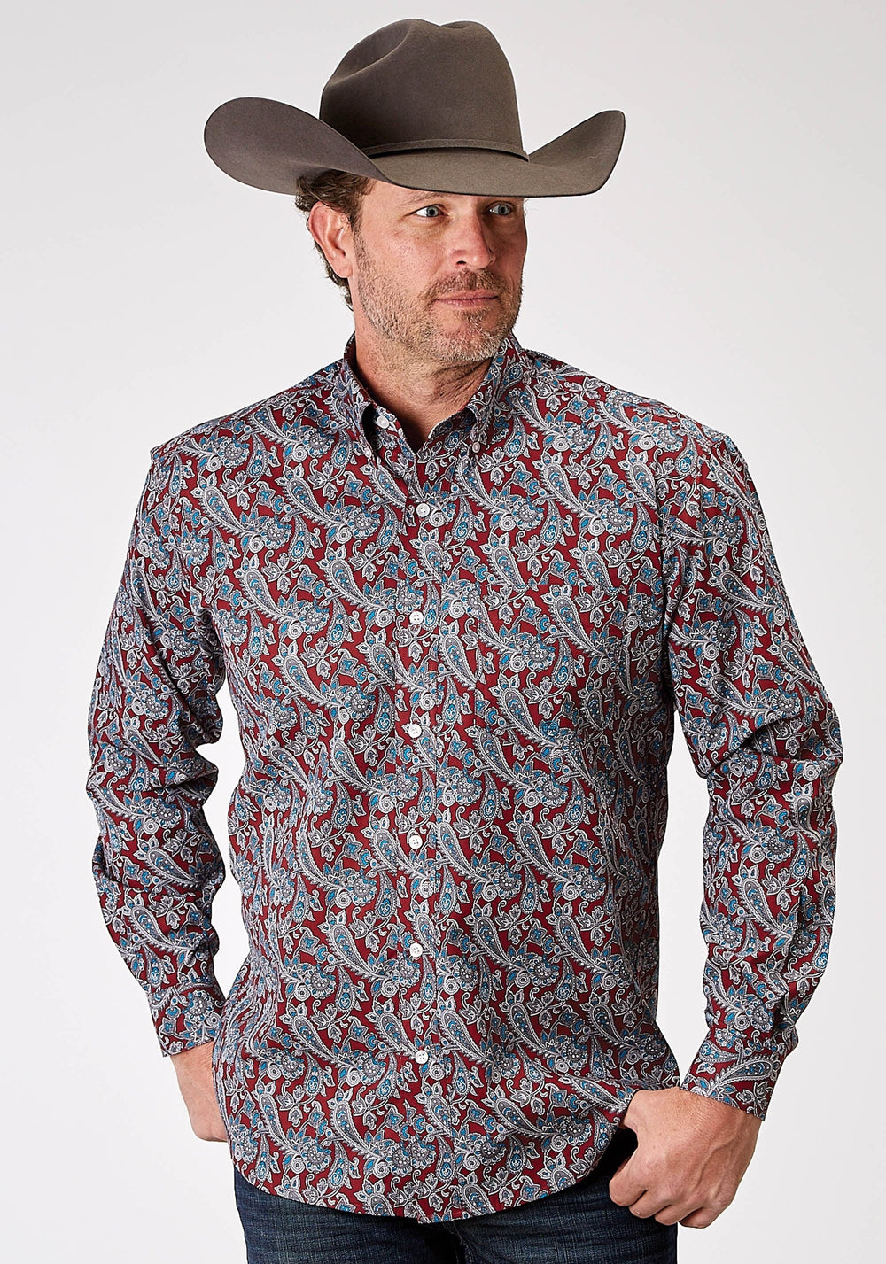Roper Mens Long Sleeve Button Red River Paisley Western Shirt - Roper
