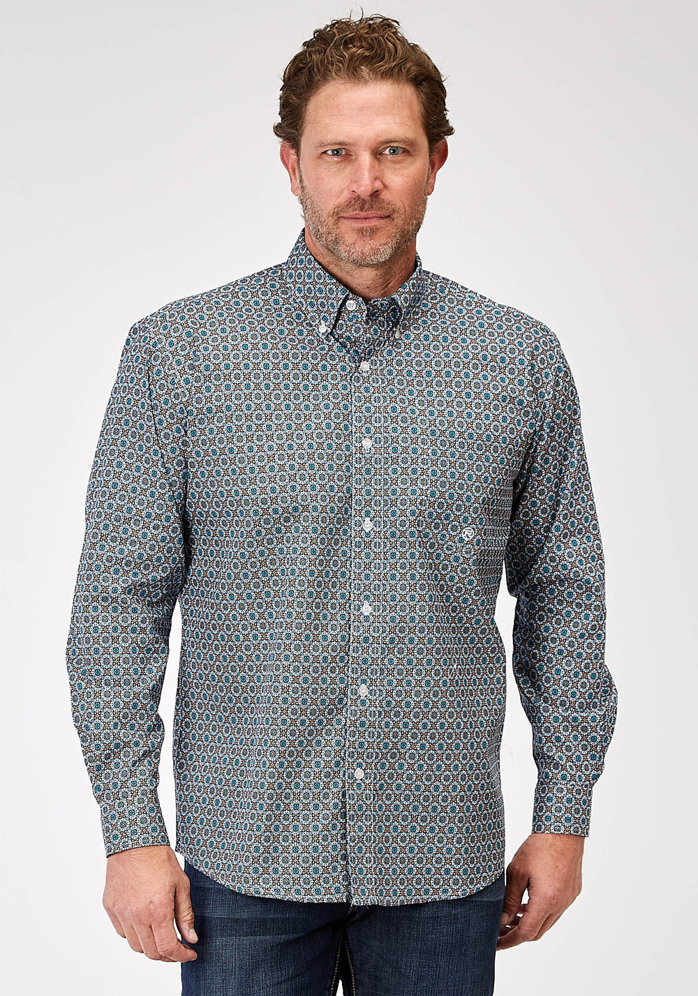 Roper Mens Long Sleeve Button Frontier Foulard Western Shirt - Roper