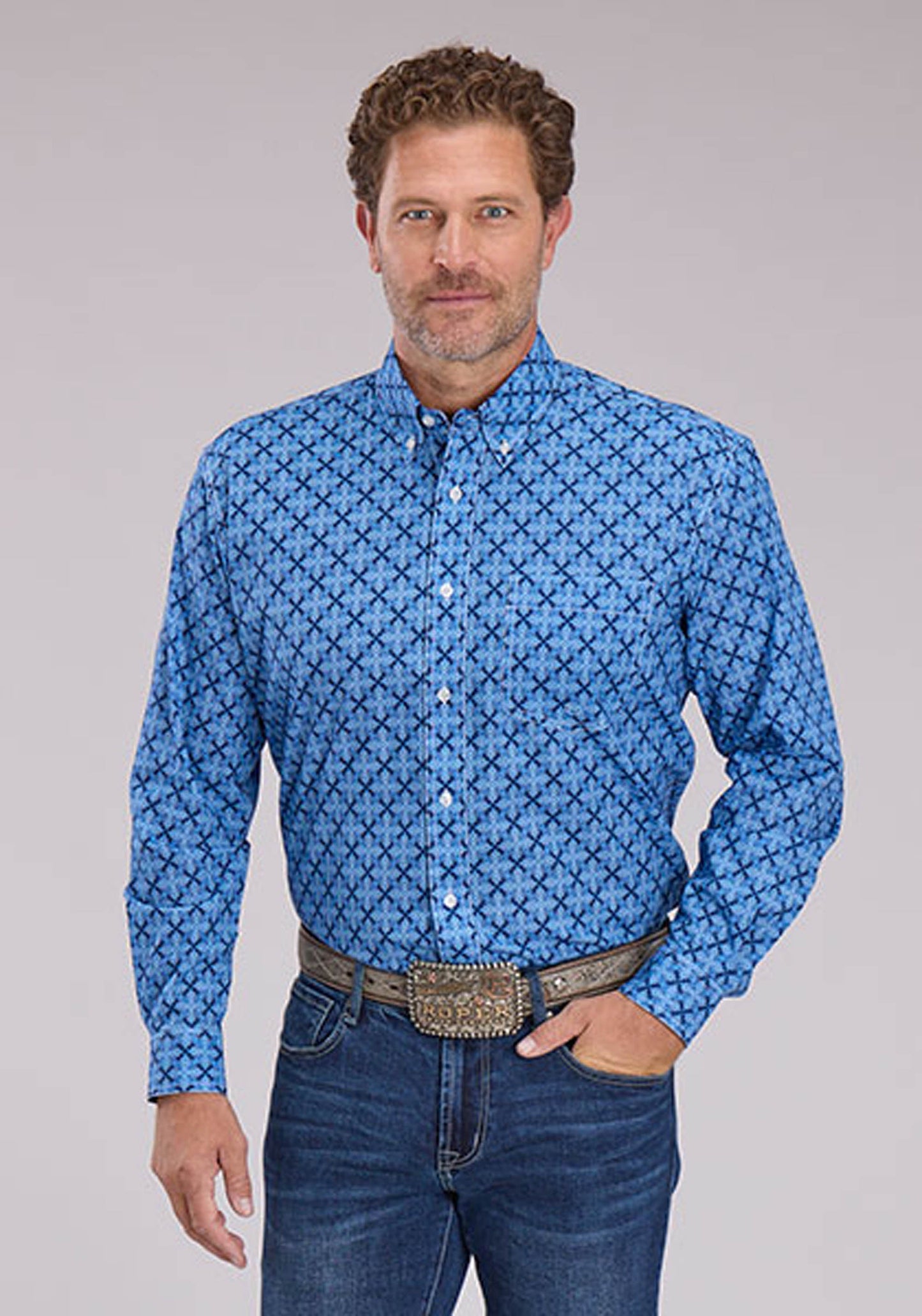 Roper Mens Blue Ribbon Medallion Long Sleeve Button Western Shirt