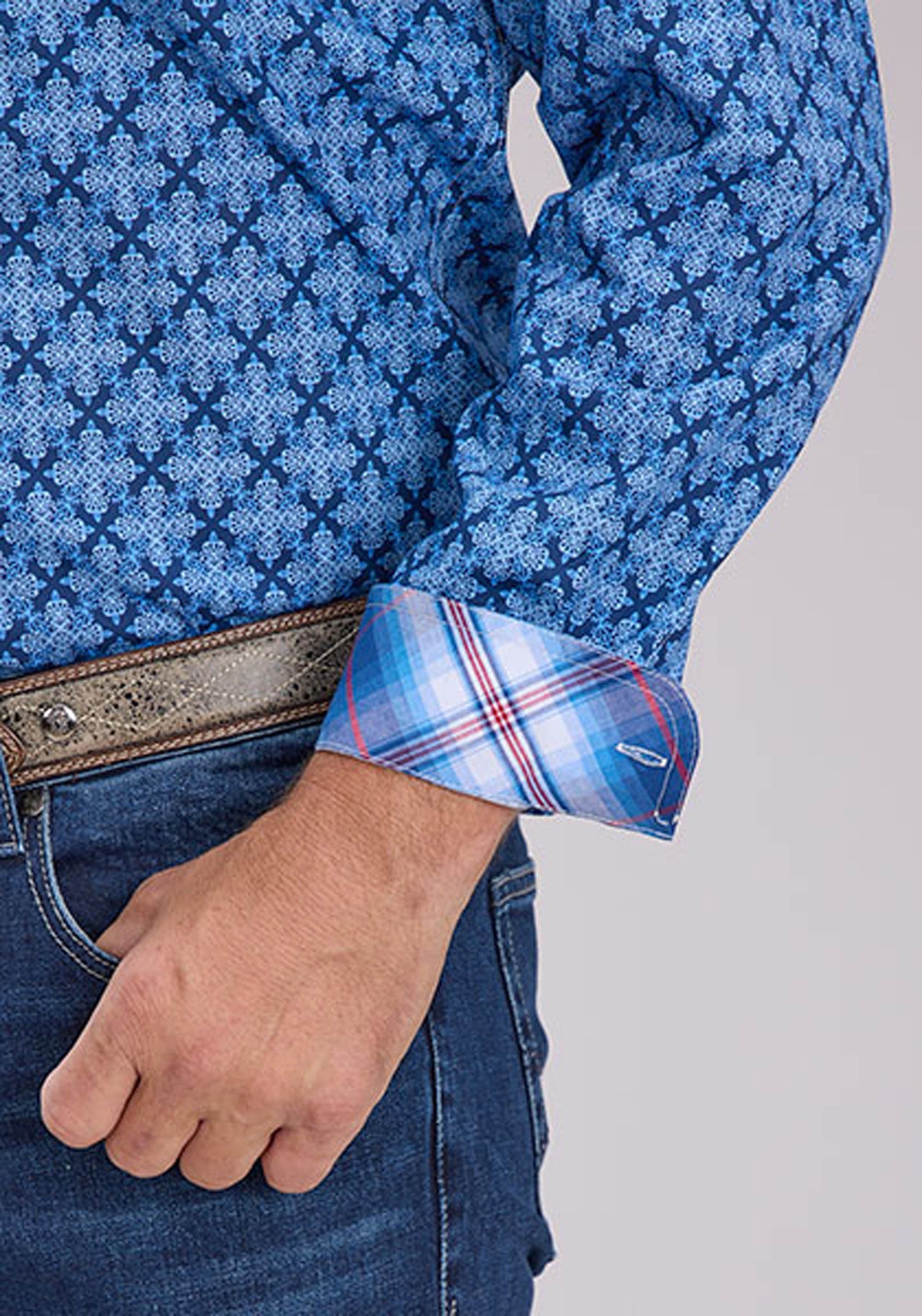 Roper Mens Blue Ribbon Medallion Long Sleeve Button Western Shirt