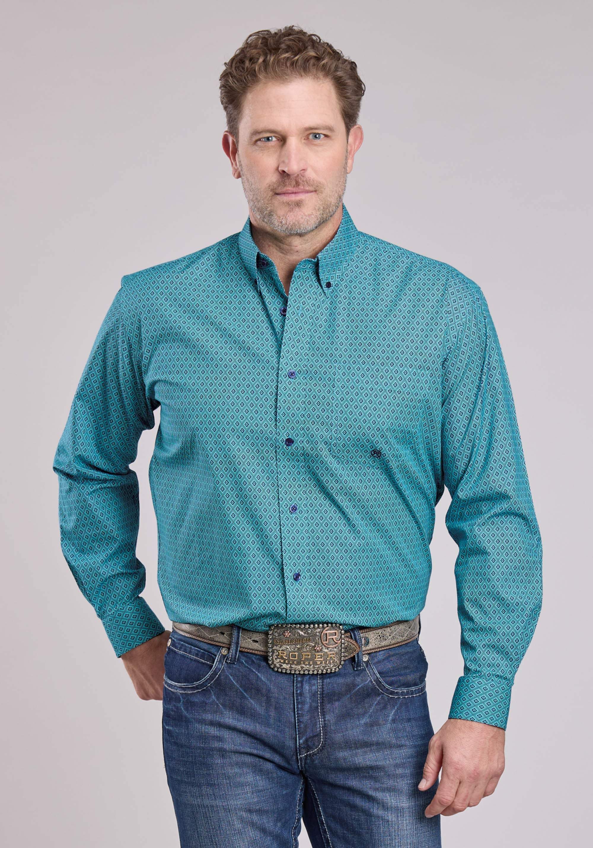 Roper Mens Long Sleeve Button Aztec Diamond Geo Western Shirt - Roper - Flyclothing LLC