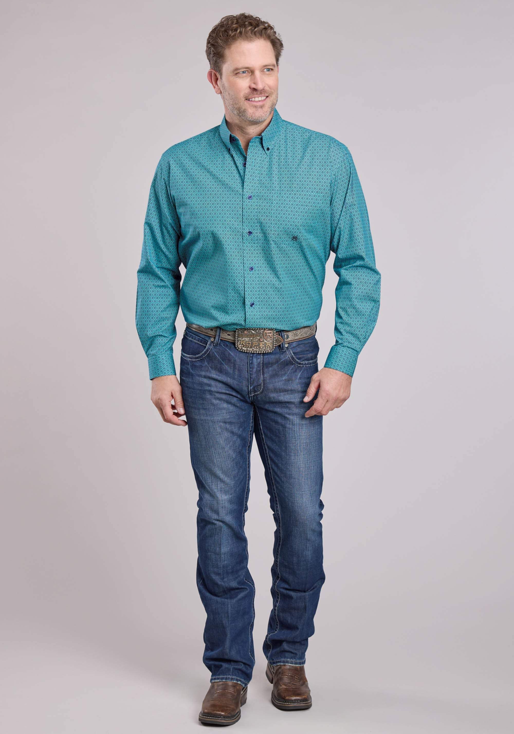 Roper Mens Long Sleeve Button Aztec Diamond Geo Western Shirt - Roper - Flyclothing LLC