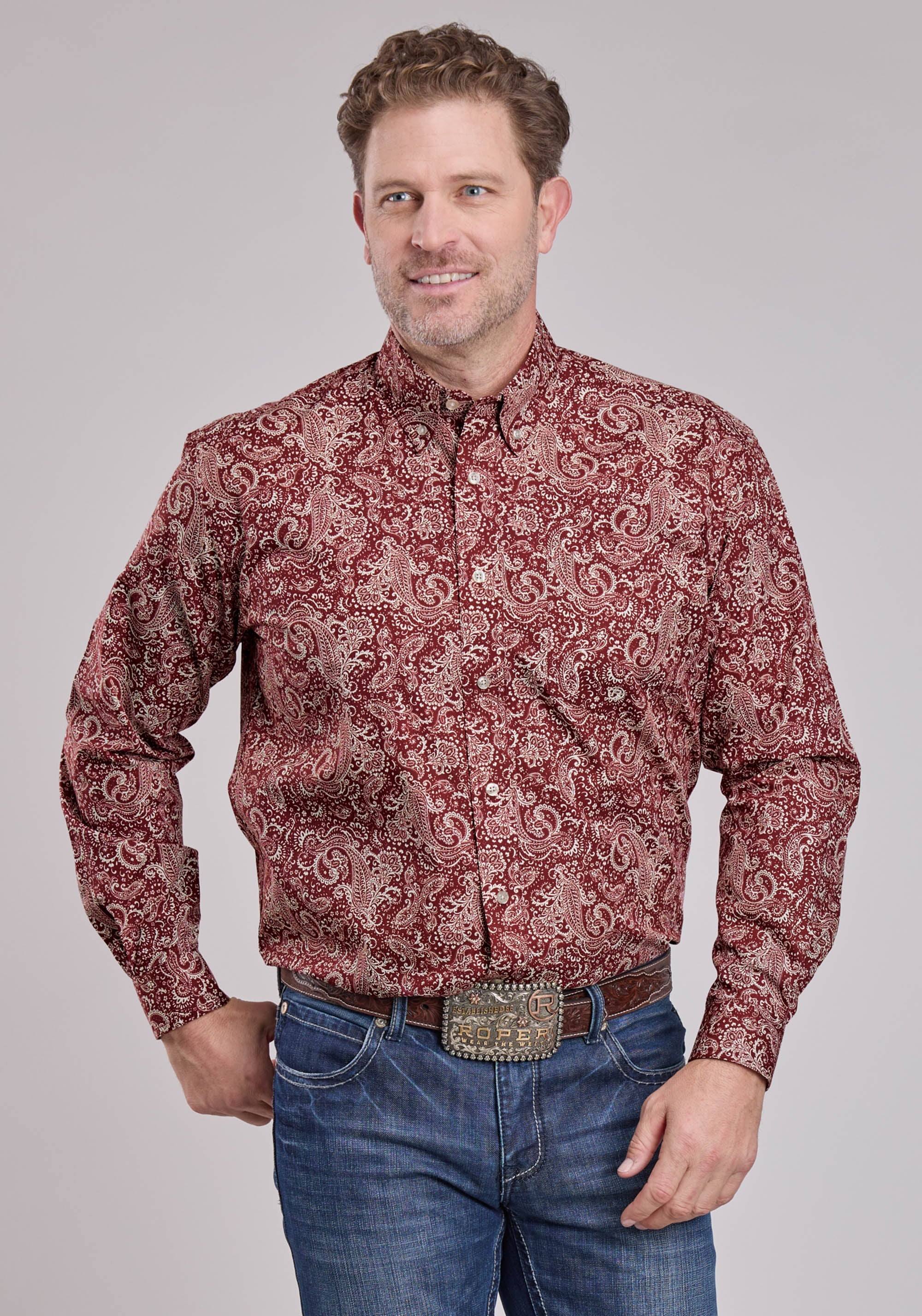 Roper Mens Long Sleeve Button Plume Paisley Western Shirt