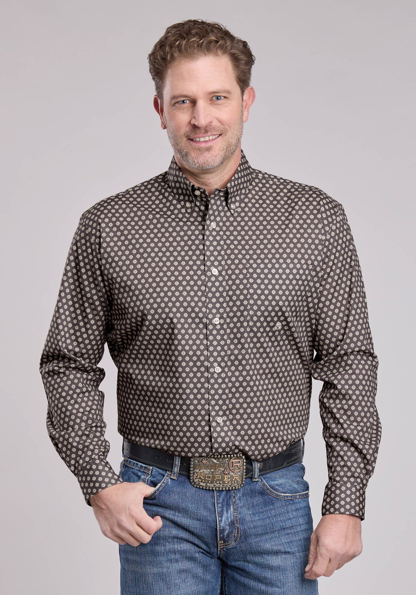 Roper Mens Long Sleeve Button Grey Stretch Foulard Western Shirt