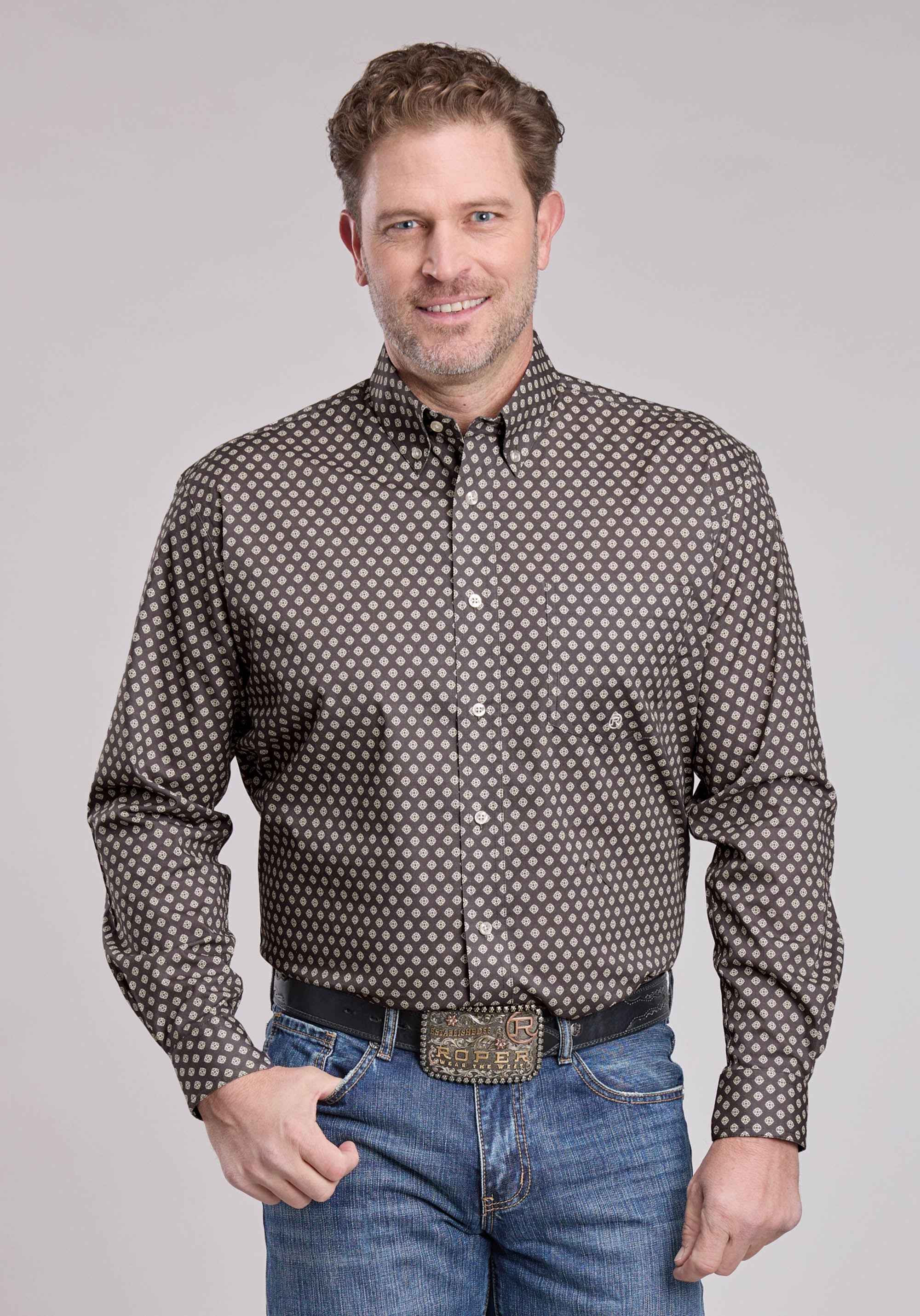 Roper Mens Long Sleeve Button Grey Stretch Foulard Western Shirt