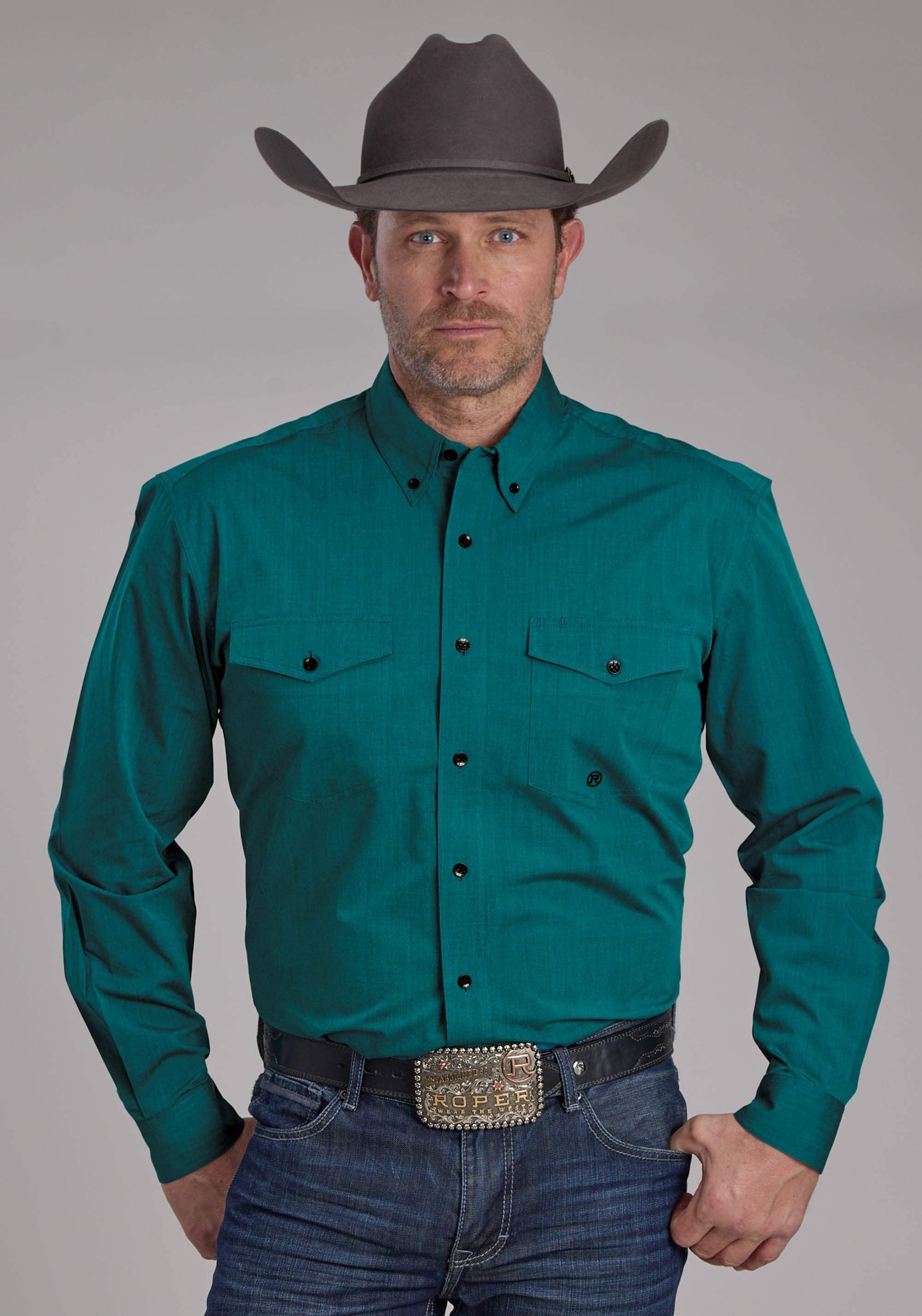 Roper Mens Black Fill Solid Poplin - Teal Long Sleeve Button Western Shirt - Roper - Flyclothing LLC