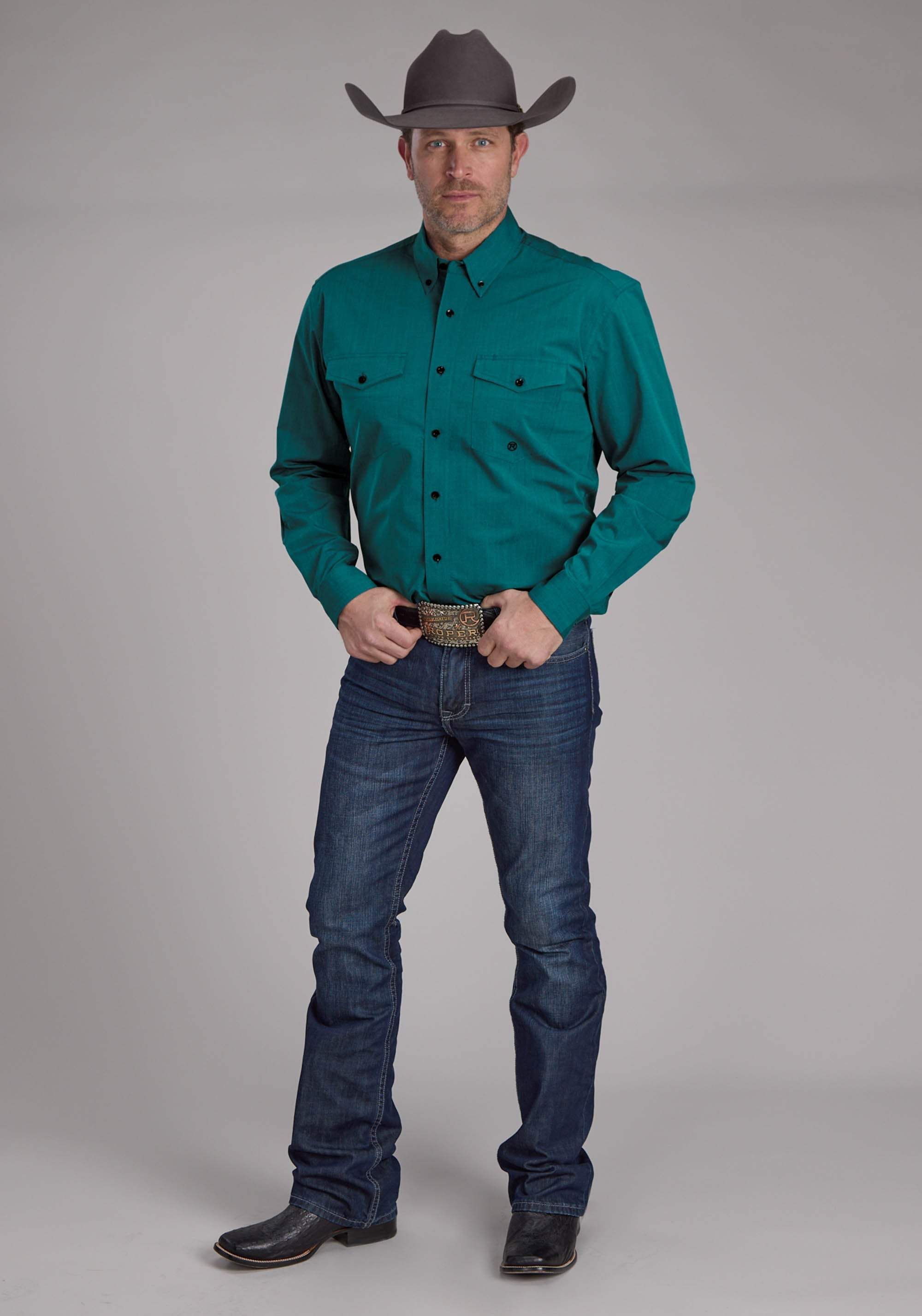 Roper Mens Black Fill Solid Poplin - Teal Long Sleeve Button Western Shirt - Roper - Flyclothing LLC