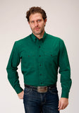 Roper Mens Long Sleeve Button Black Fill Solid Green Western Shirt - Roper