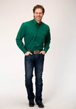 Roper Mens Long Sleeve Button Black Fill Solid Green Western Shirt - Roper