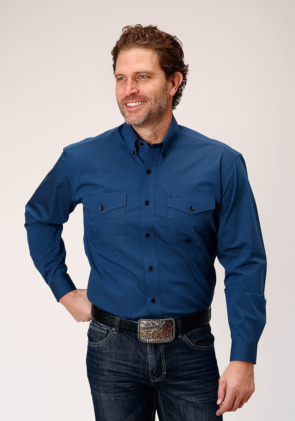 Roper Mens Long Sleeve Button Black Fill Solid Blue Western Shirt - Roper