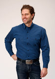 Roper Mens Long Sleeve Button Black Fill Solid Blue Western Shirt - Roper