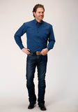 Roper Mens Long Sleeve Button Black Fill Solid Blue Western Shirt - Roper