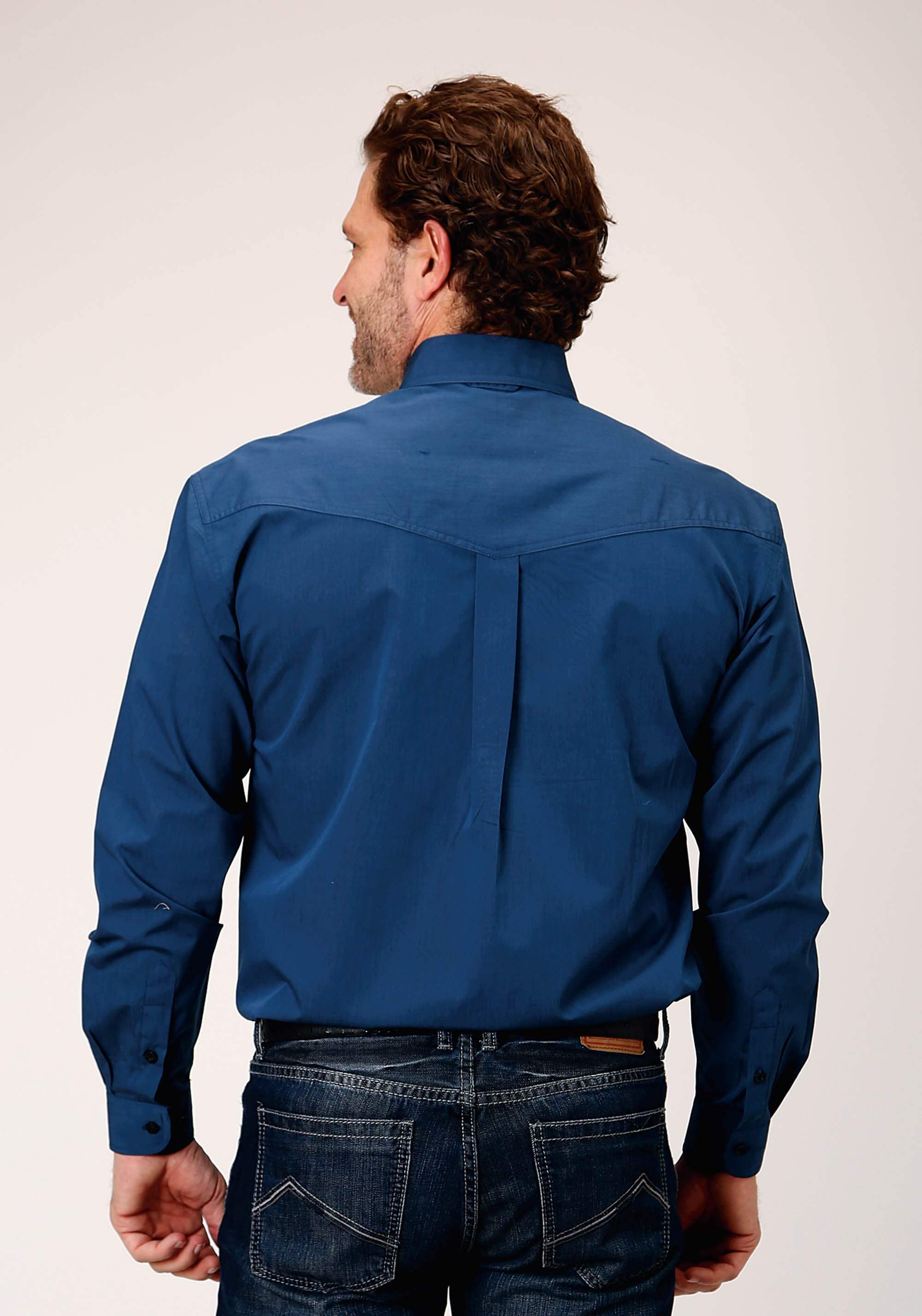 Roper Mens Long Sleeve Button Black Fill Solid Blue Western Shirt - Roper - Flyclothing LLC