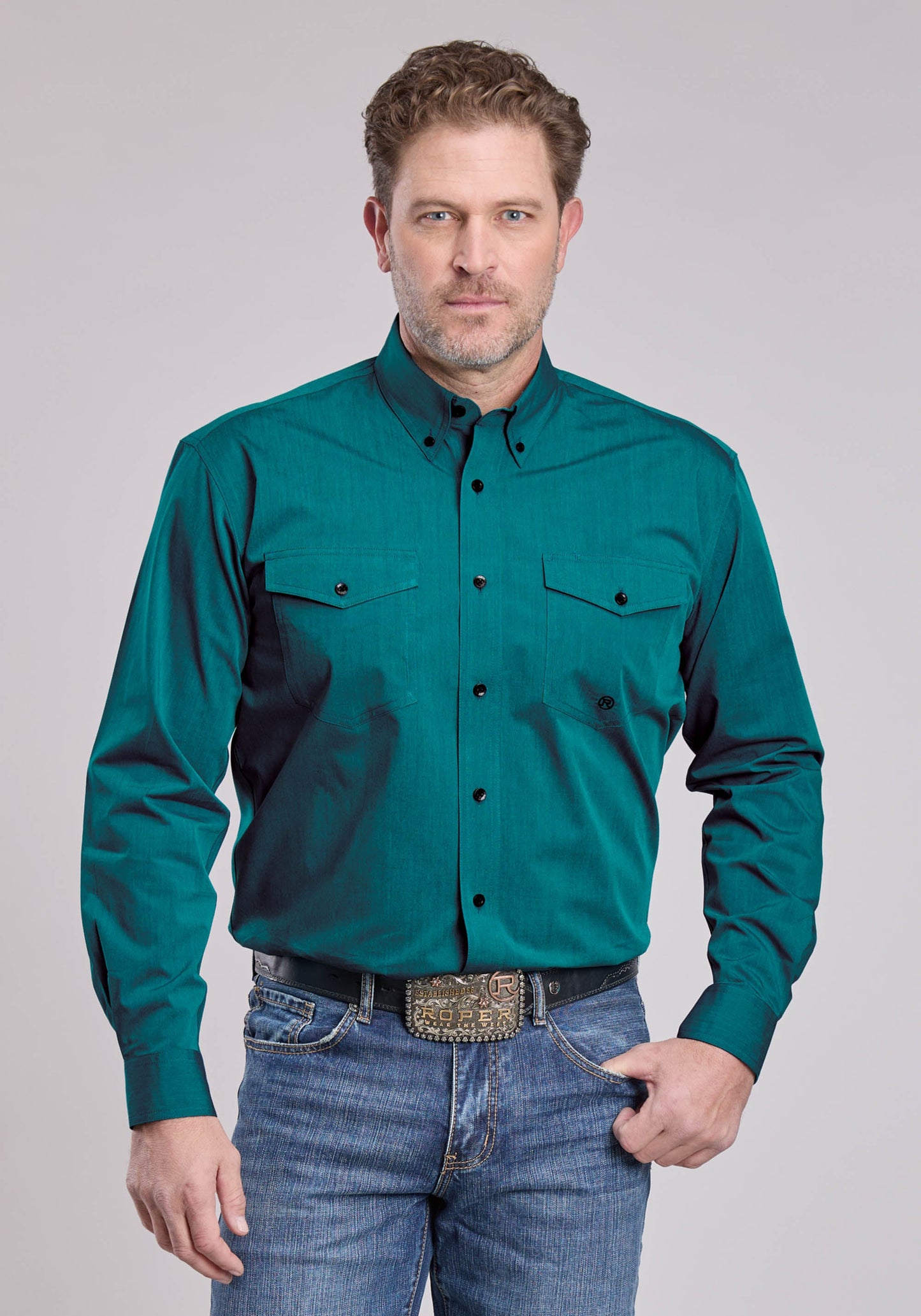 Mens Roper Solid Black Fill Teal Long Sleeve Button Shirt