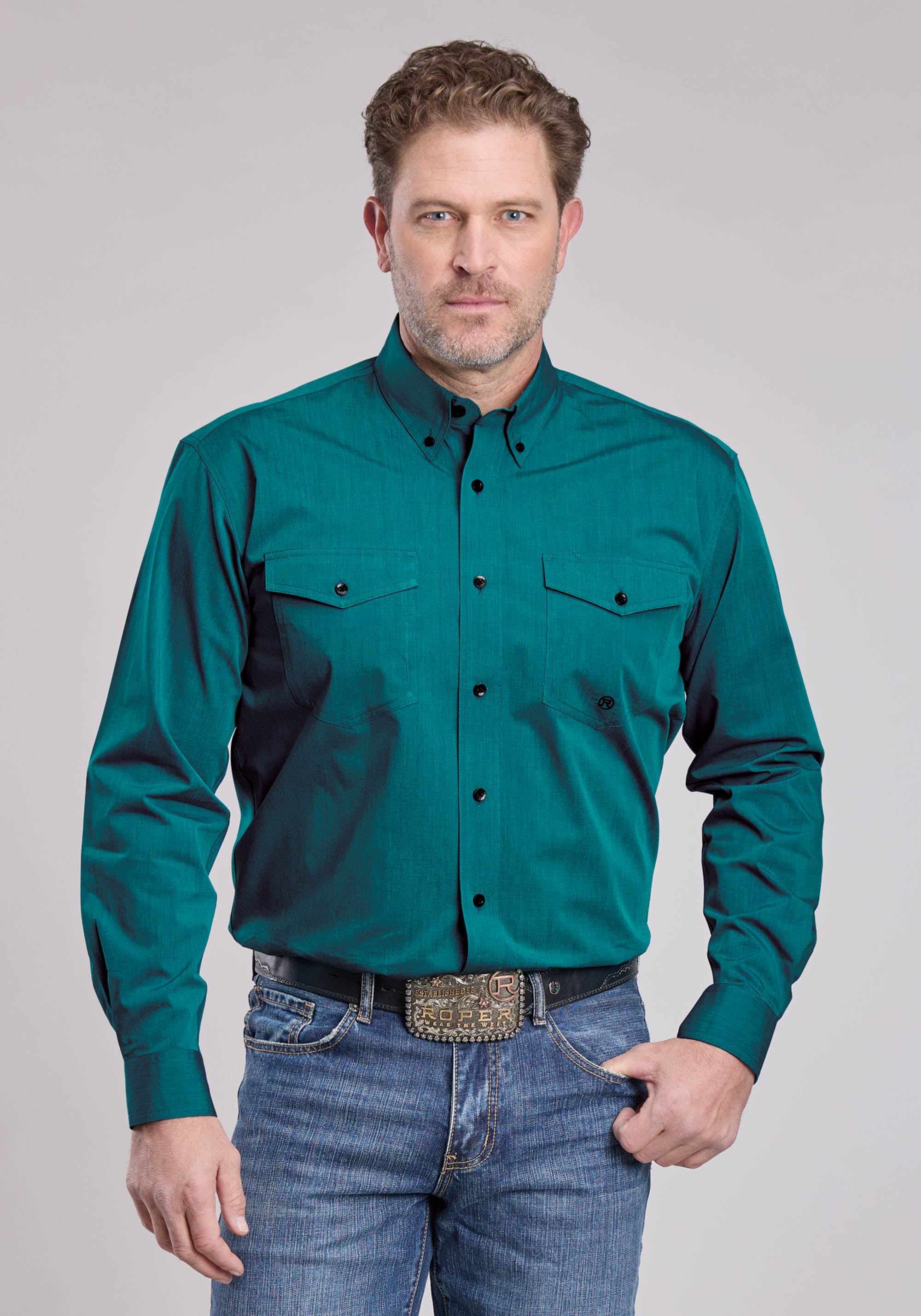 Mens Roper Solid Black Fill Teal Long Sleeve Button Shirt