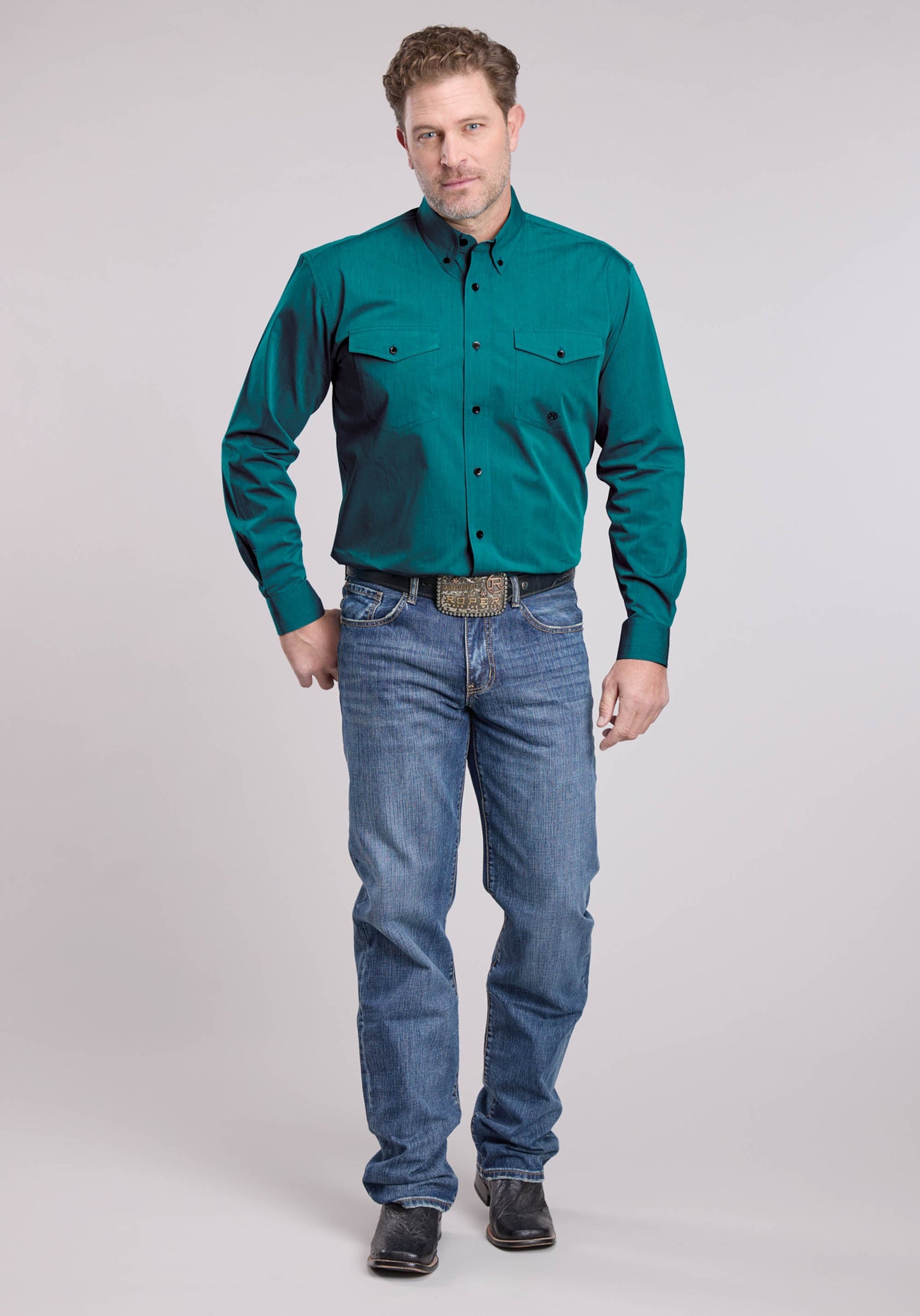 Mens Roper Solid Black Fill Teal Long Sleeve Button Shirt