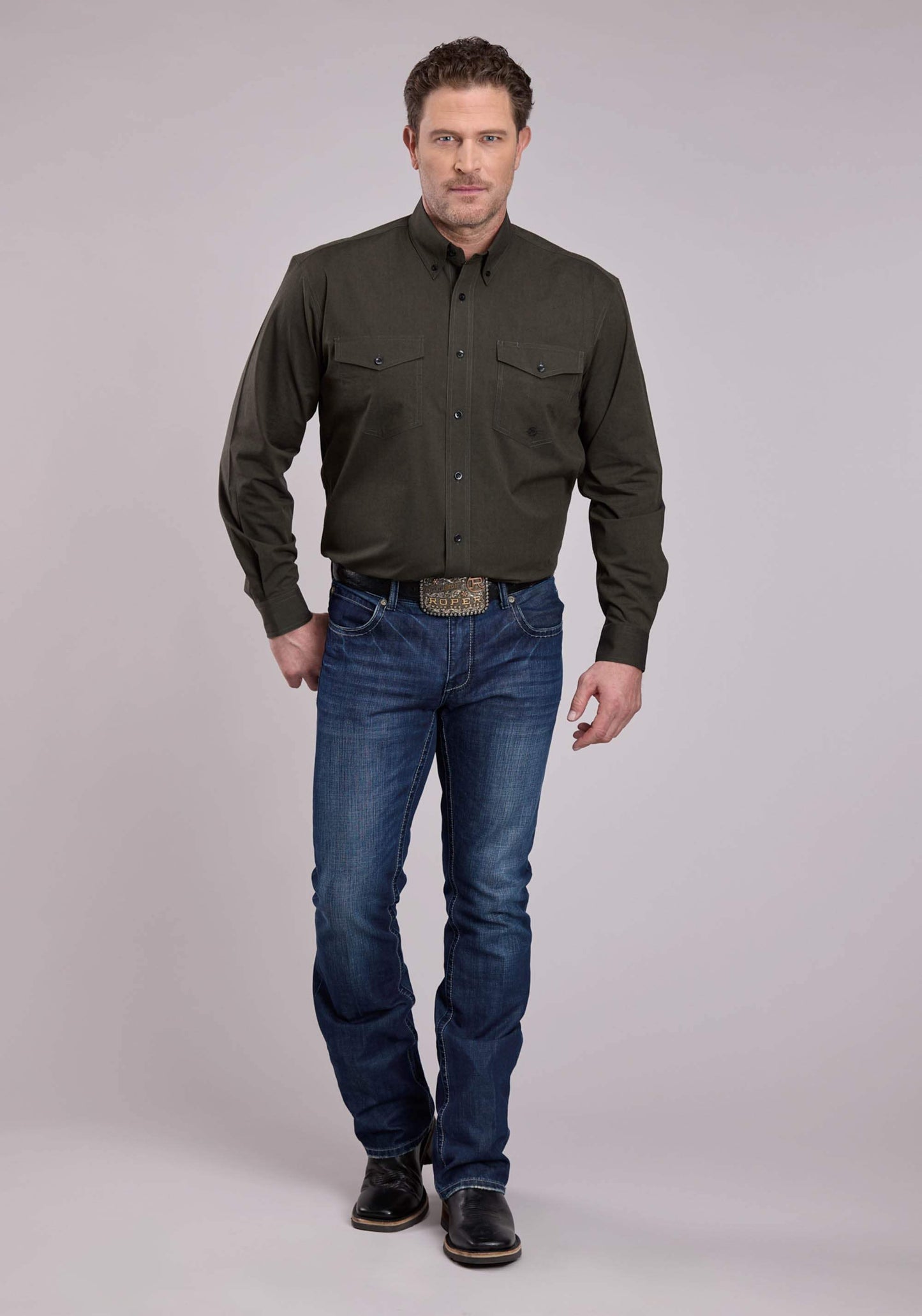Roper Mens Long Sleeve Button Black Fill - Green Western Shirt - Roper - Flyclothing LLC