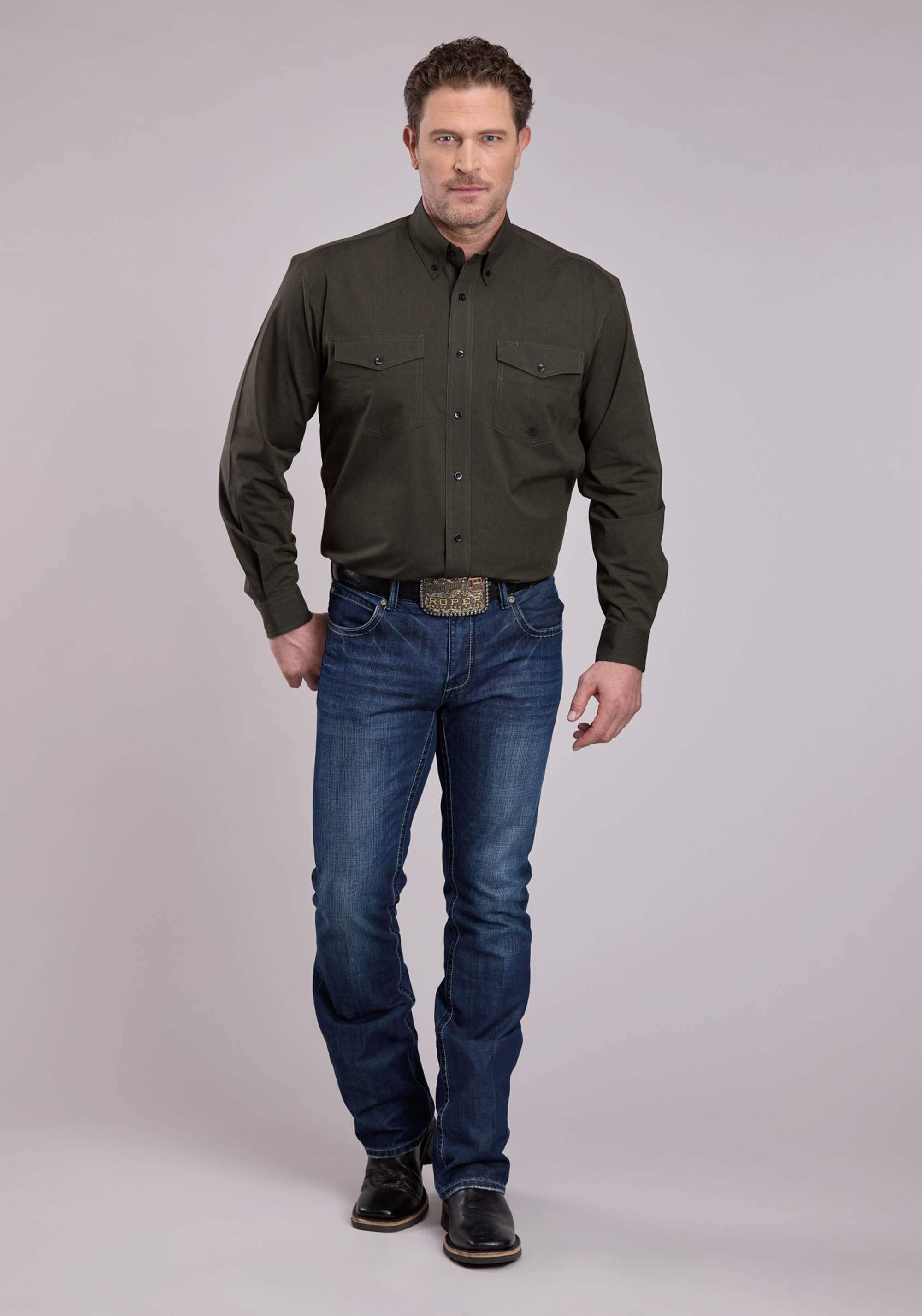 Roper Mens Long Sleeve Button Black Fill - Green Western Shirt - Roper - Flyclothing LLC