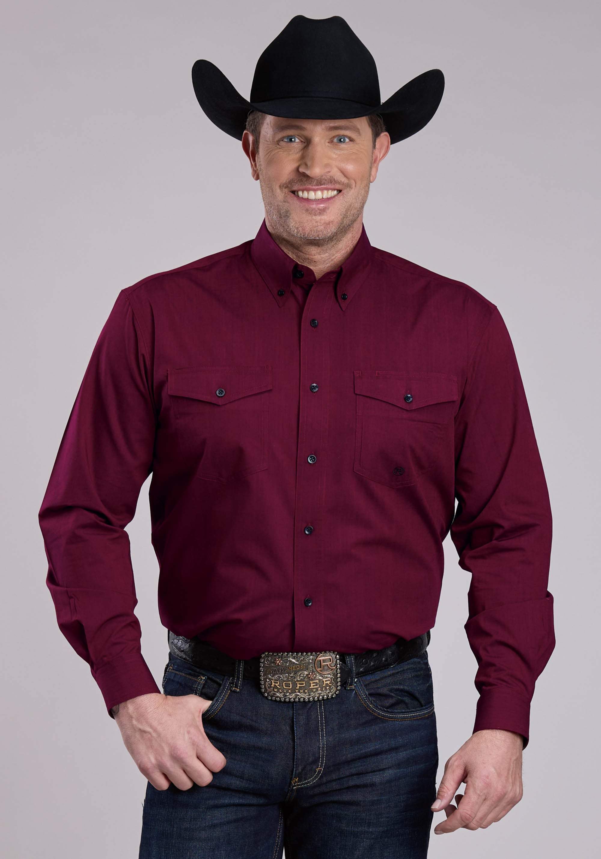Roper Mens Long Sleeve Button Black Fill - Wine Western Shirt - Roper - Flyclothing LLC