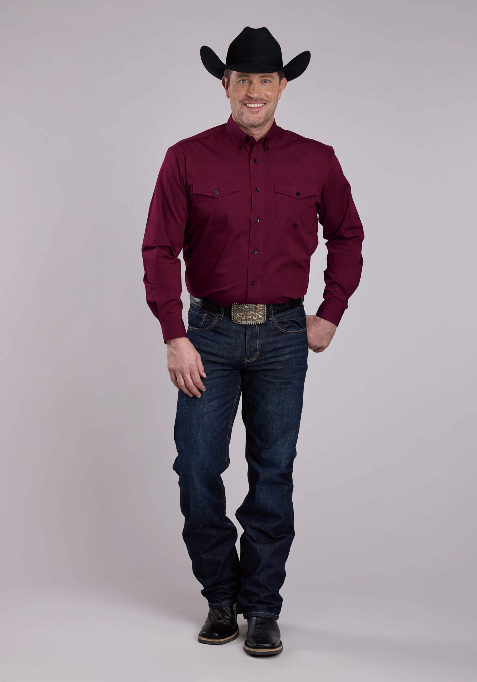 Roper Mens Long Sleeve Button Black Fill - Wine Western Shirt - Roper - Flyclothing LLC