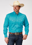 Roper Mens Long Sleeve Button Solid Poplin Stretch Turquoise Western Shirt - Roper