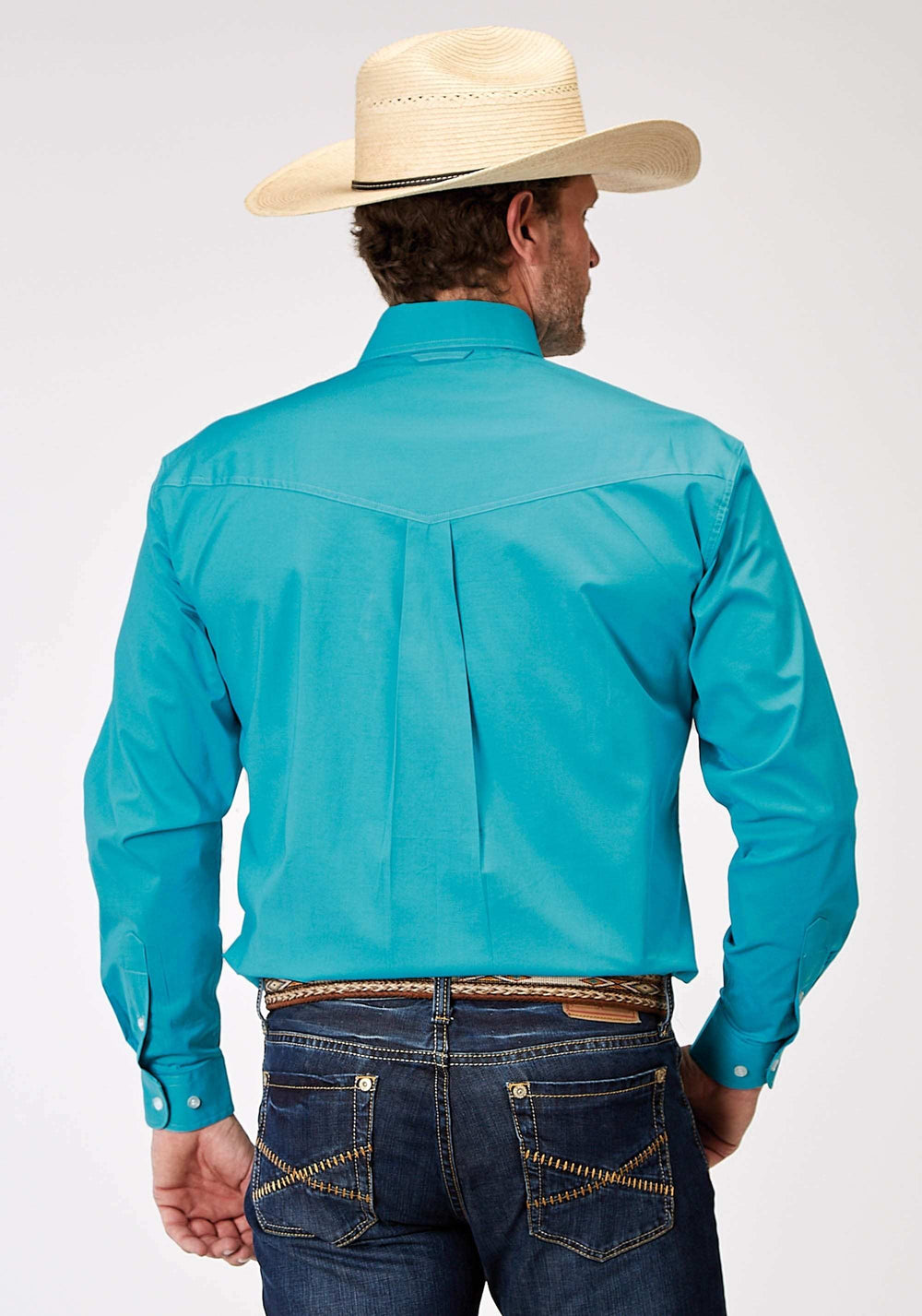 Roper Mens Long Sleeve Button Solid Poplin Stretch Turquoise Western Shirt - Roper - Flyclothing LLC