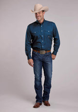 Mens Roper Solid Stretch Navy Long Sleeve Button Shirt - Roper - Flyclothing LLC