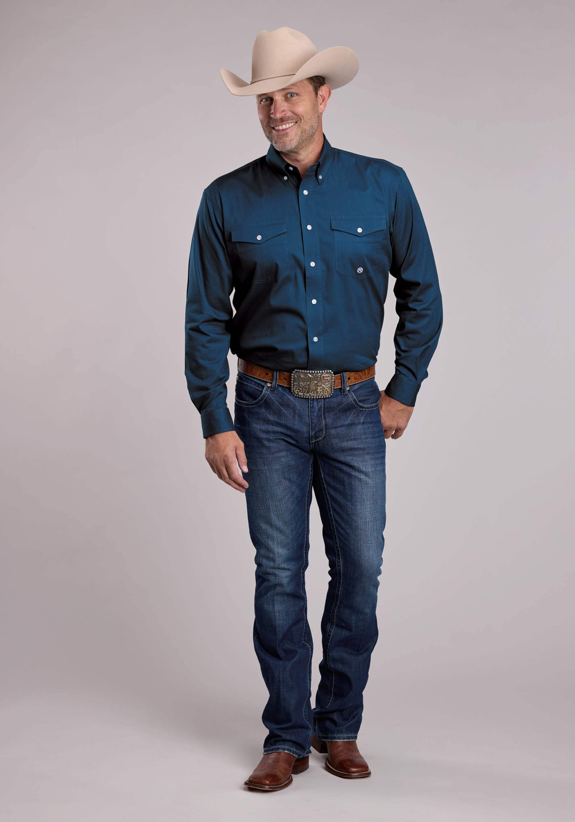 Mens Roper Solid Stretch Navy Long Sleeve Button Shirt - Roper - Flyclothing LLC