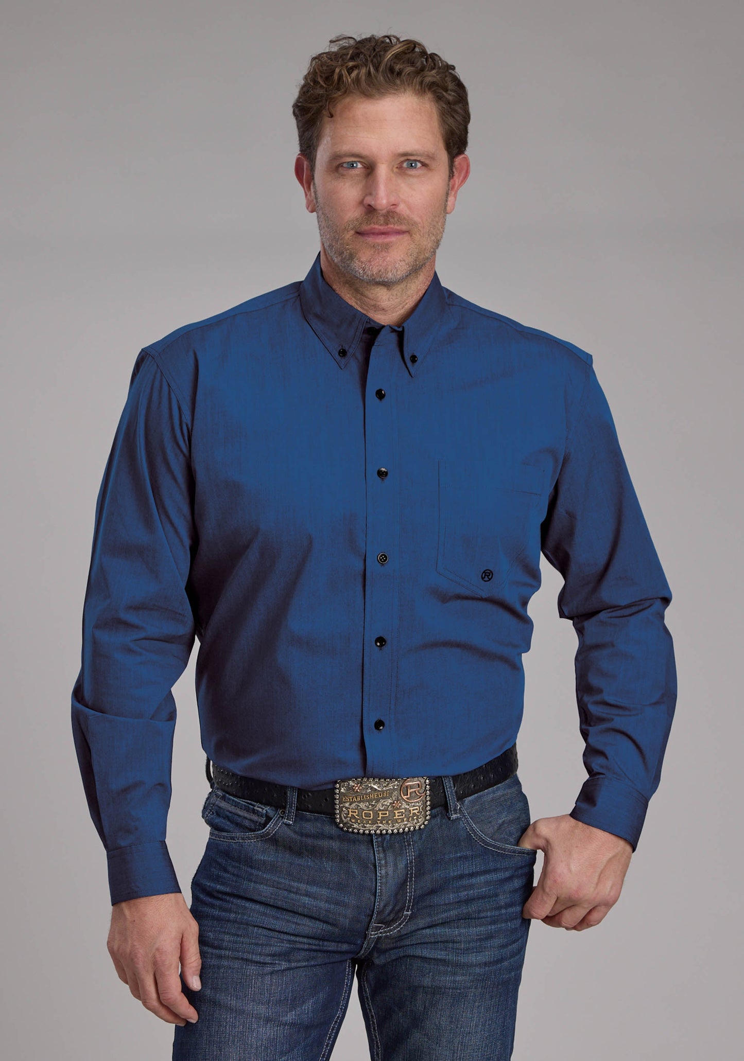 Roper Mens Black Fill Poplin - Blue Long Sleeve Button Western Shirt