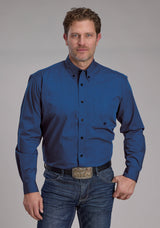 Roper Mens Black Fill Poplin - Blue Long Sleeve Button Western Shirt
